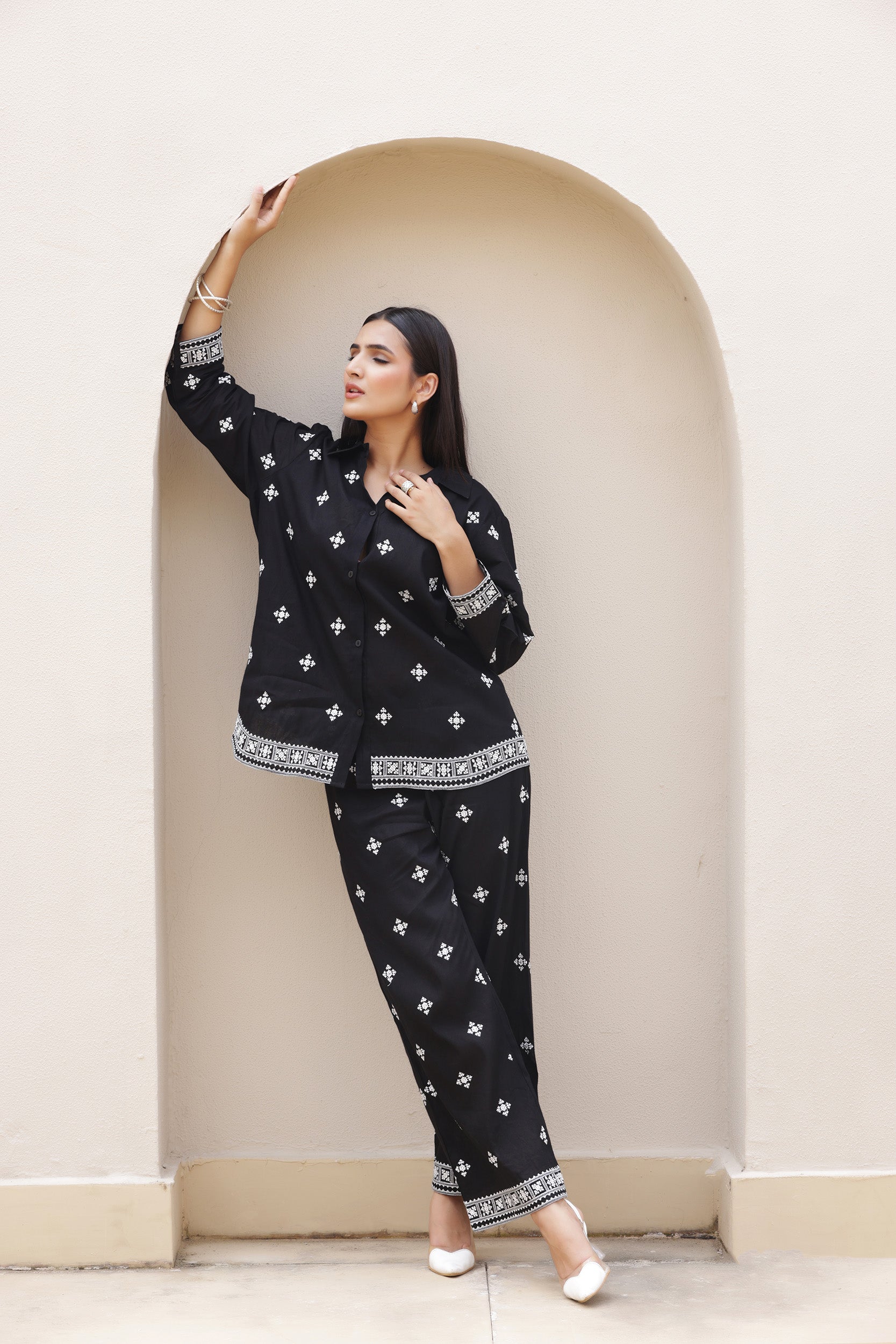 Cotton Linen Black Iris Embroidery Co-ord Set