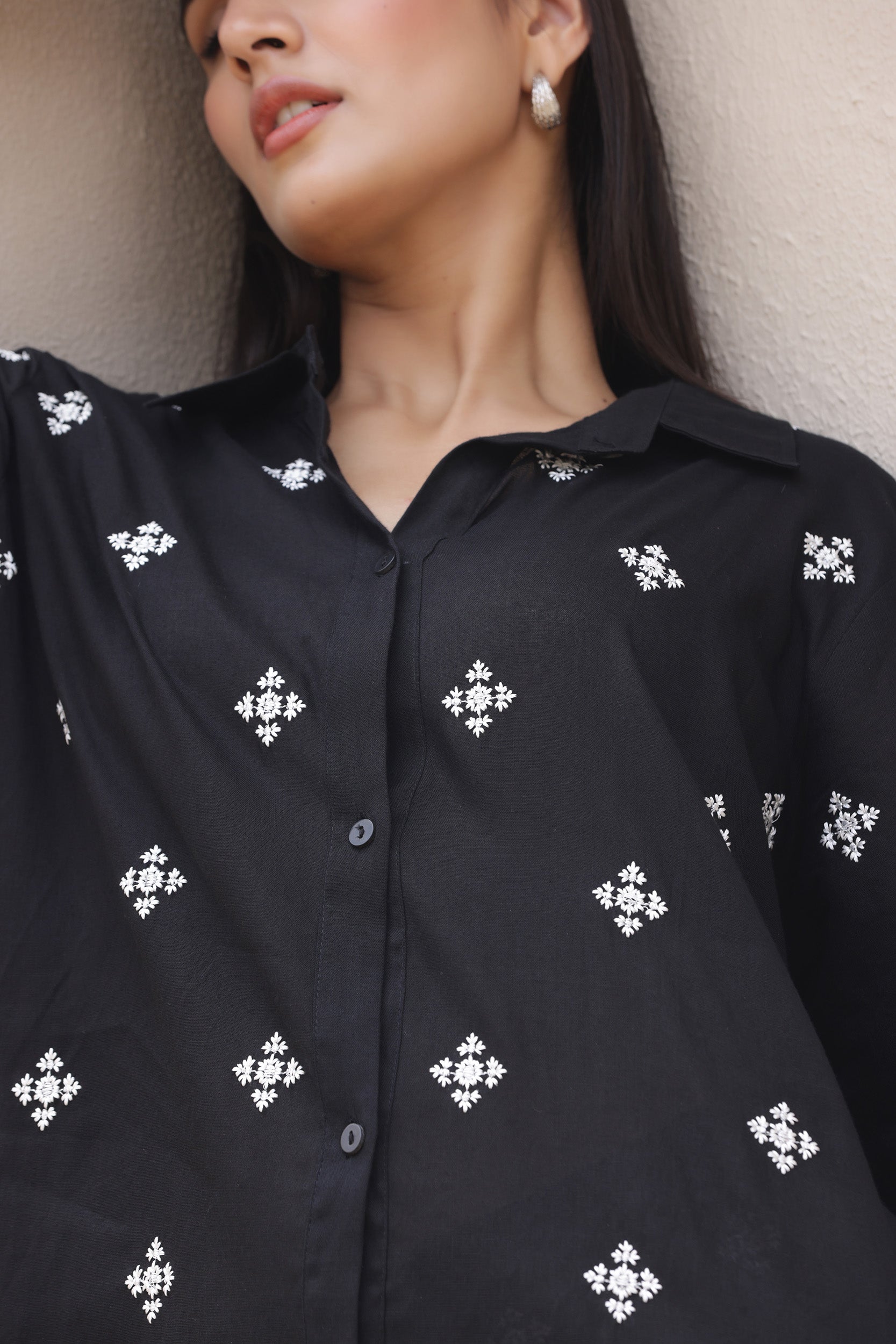 Cotton Linen Black Iris Embroidery Co-ord Set