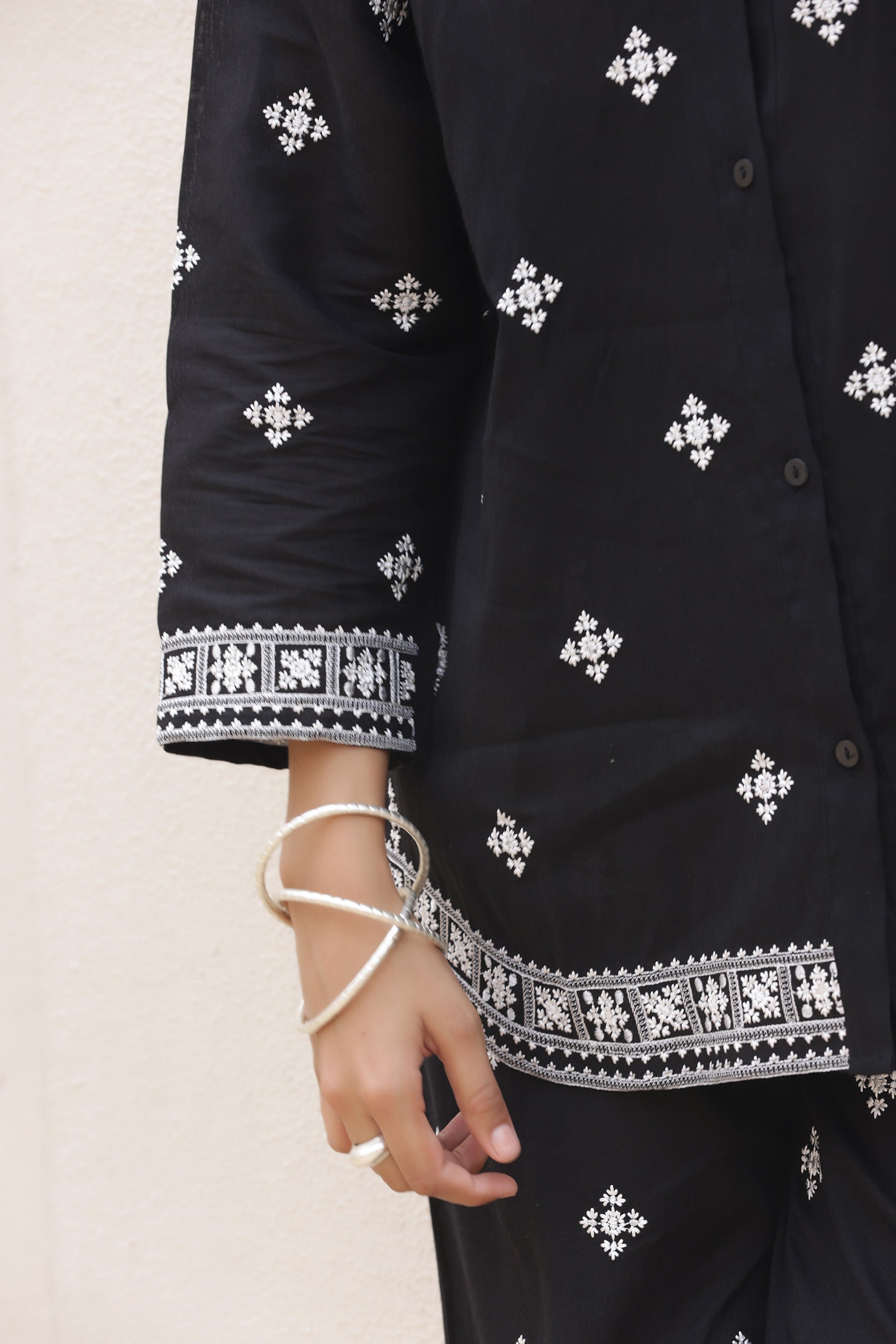 Cotton Linen Black Iris Embroidery Co-ord Set
