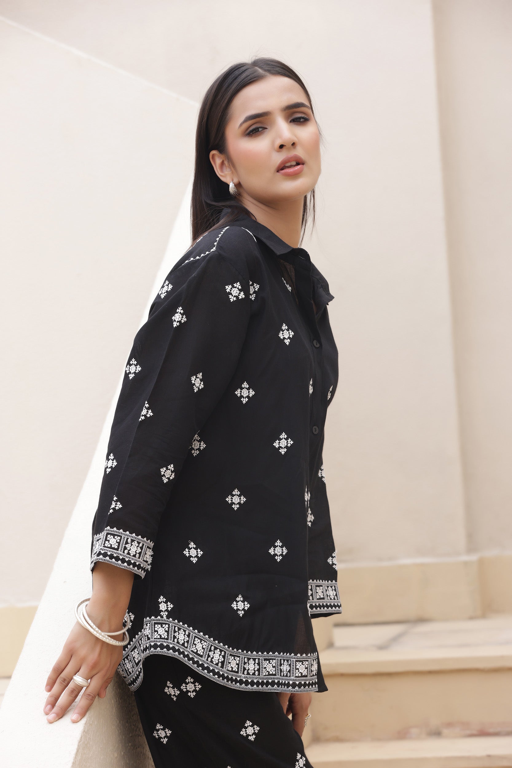 Cotton Linen Black Iris Embroidery Co-ord Set