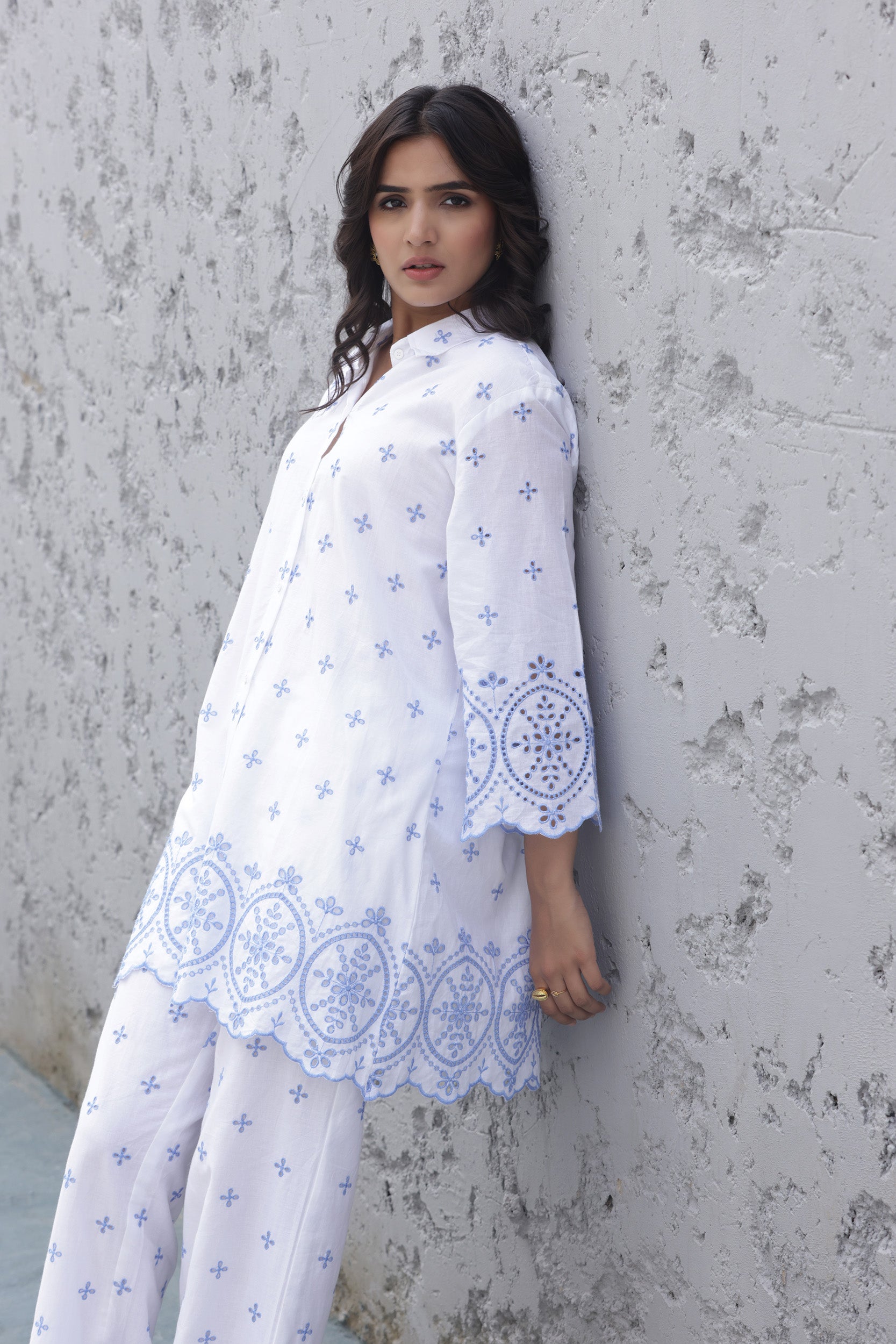 Blue White Tulip Shiffli Co-ord Set