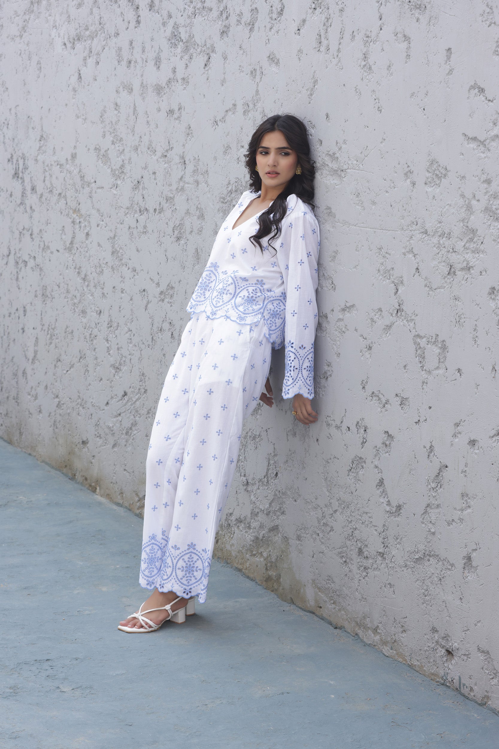 Blue White Tulip Shiffli Co-ord Set