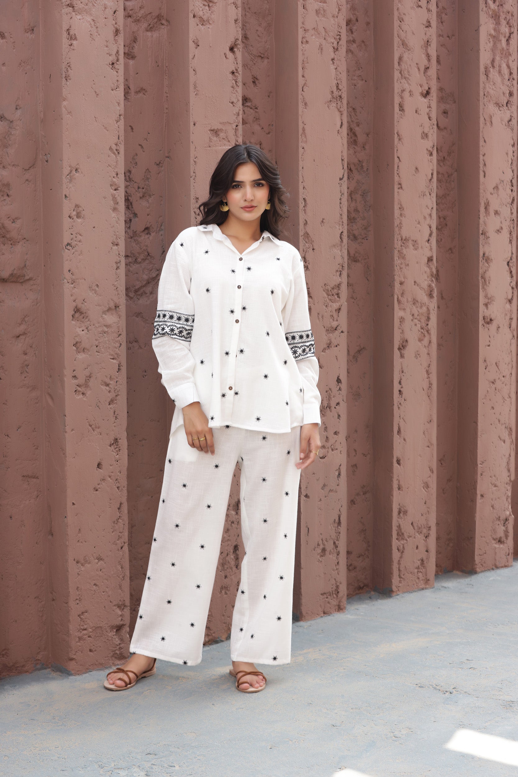 Cotton Linen White Camellia Embroidery Co-ord Set