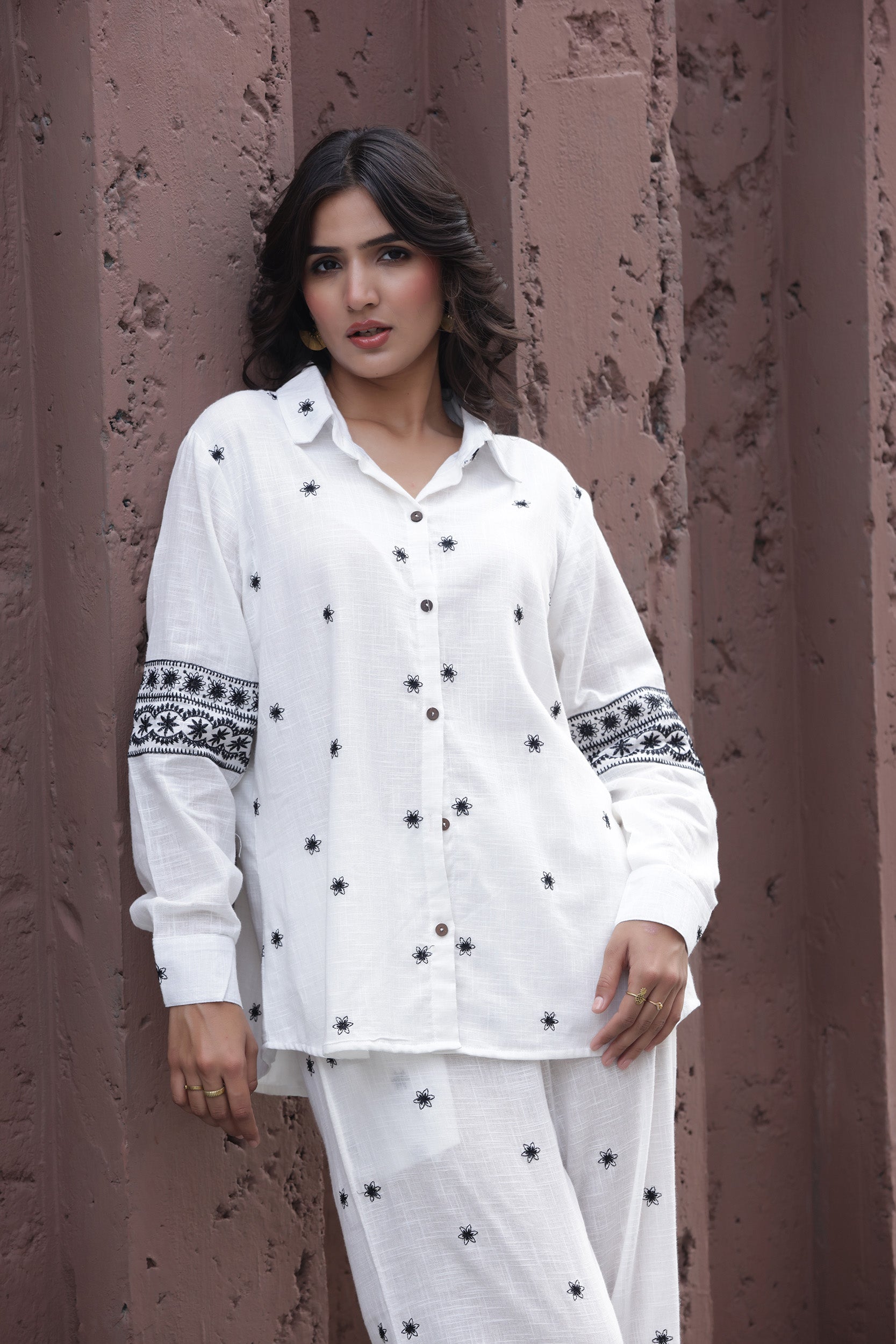 Cotton Linen White Camellia Embroidery Co-ord Set
