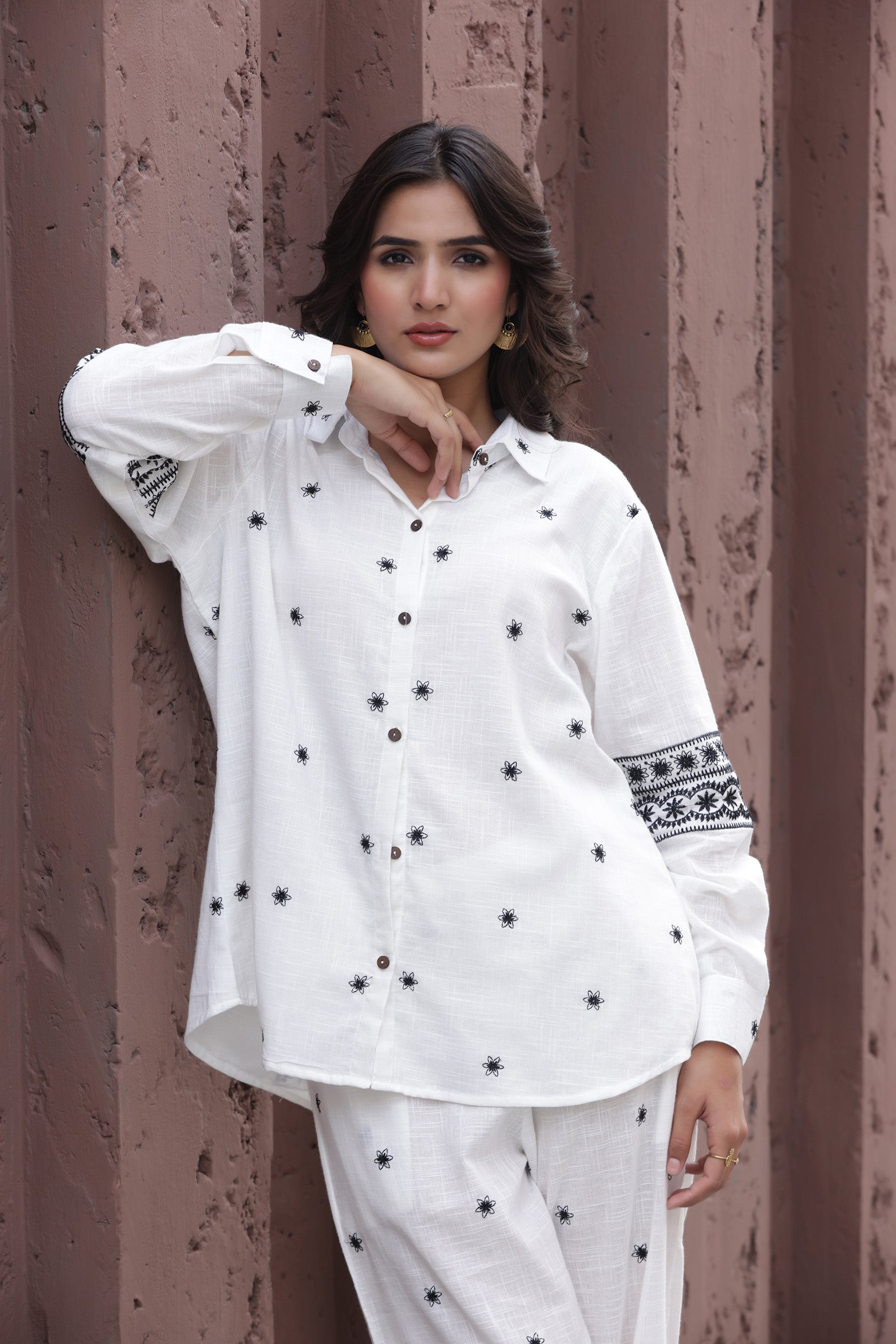 Cotton Linen White Camellia Embroidery Co-ord Set