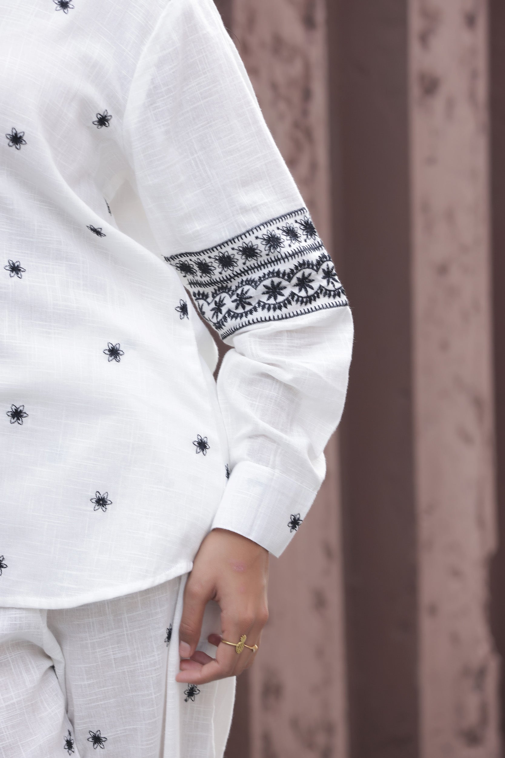 Cotton Linen White Camellia Embroidery Co-ord Set