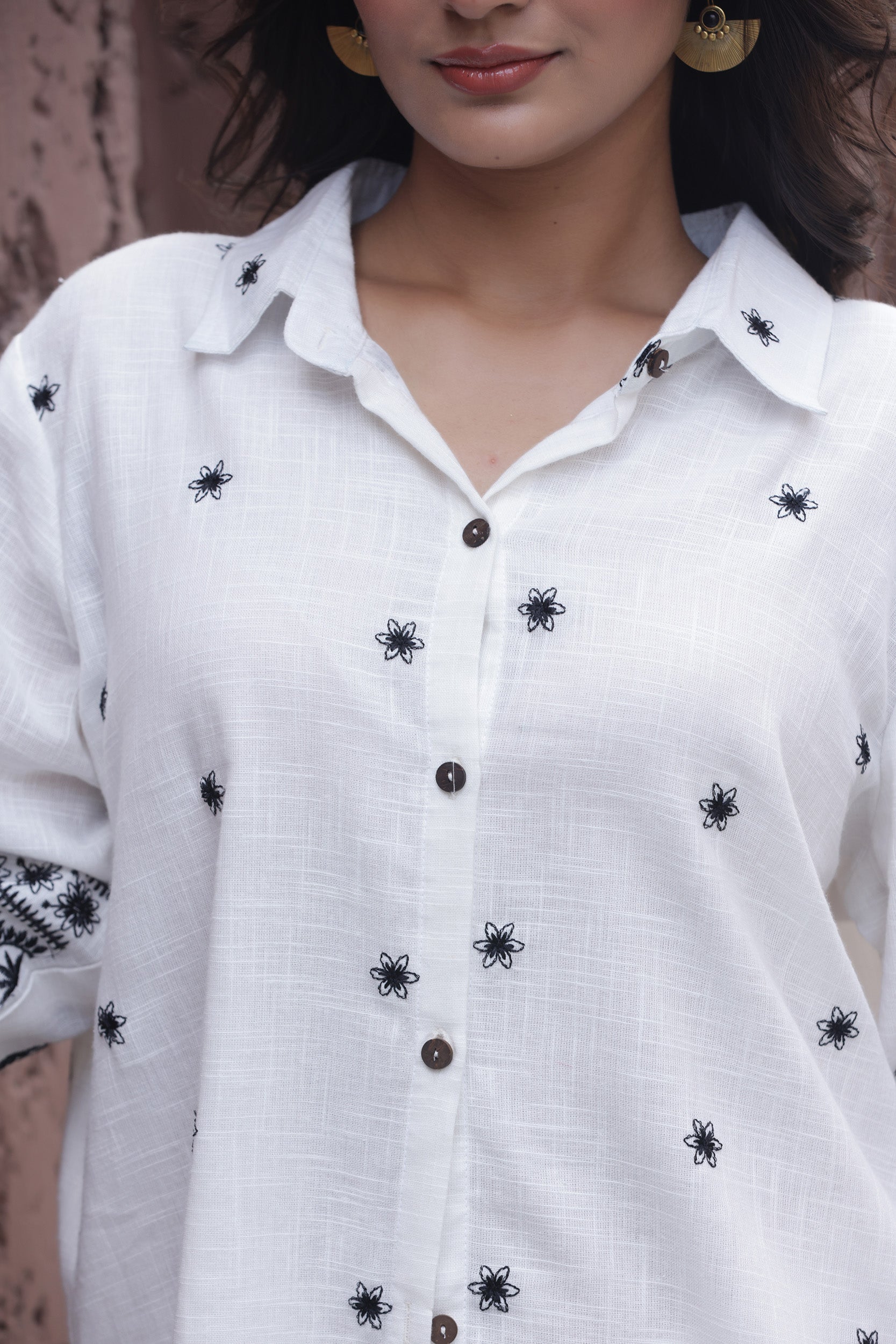 Cotton Linen White Camellia Embroidery Co-ord Set