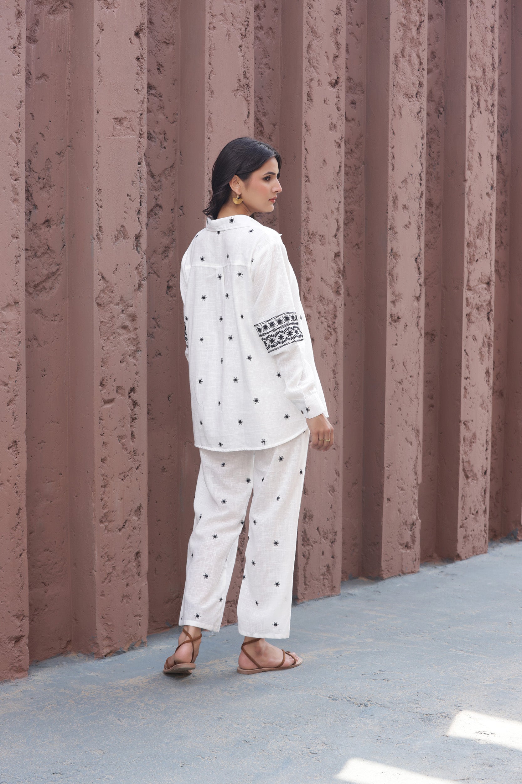 Cotton Linen White Camellia Embroidery Co-ord Set