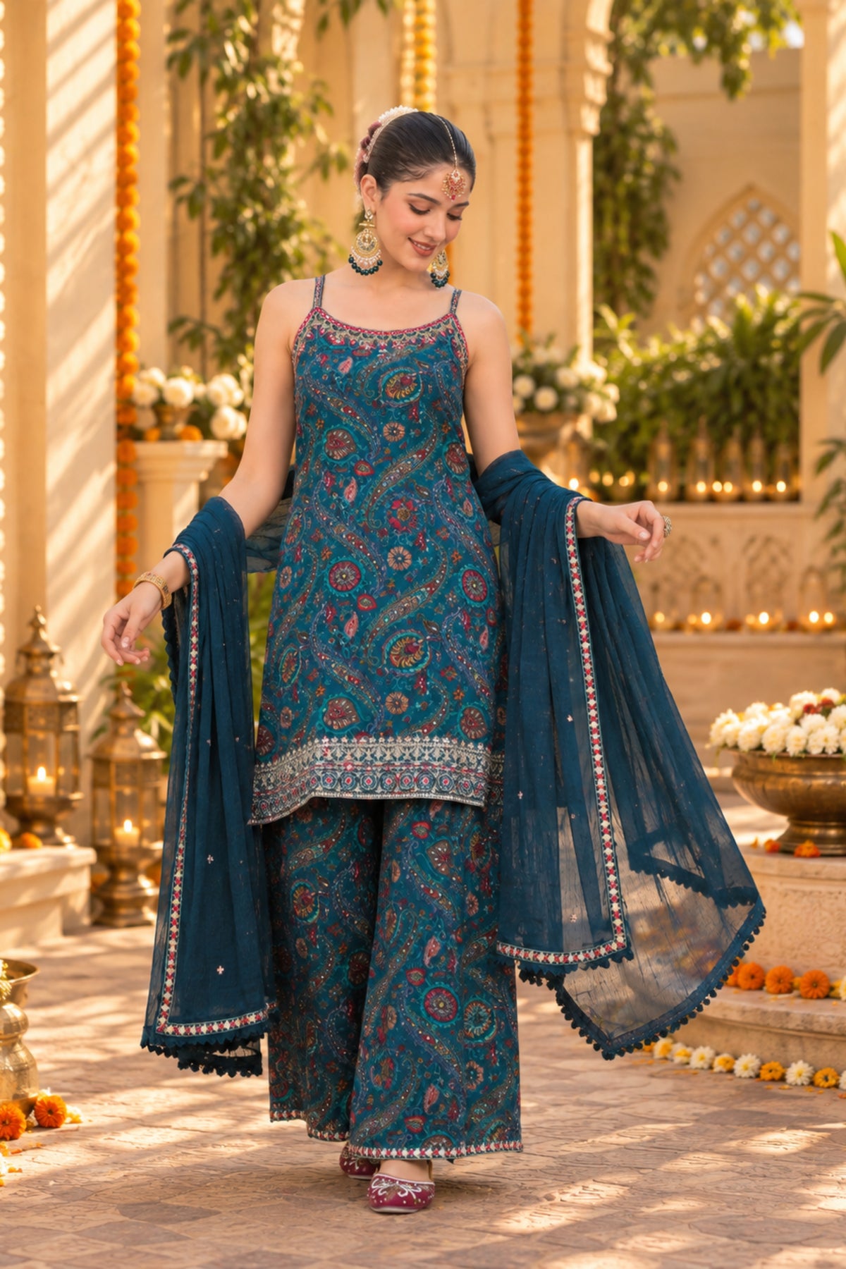 Teal Mirage Paisley Sharara Set