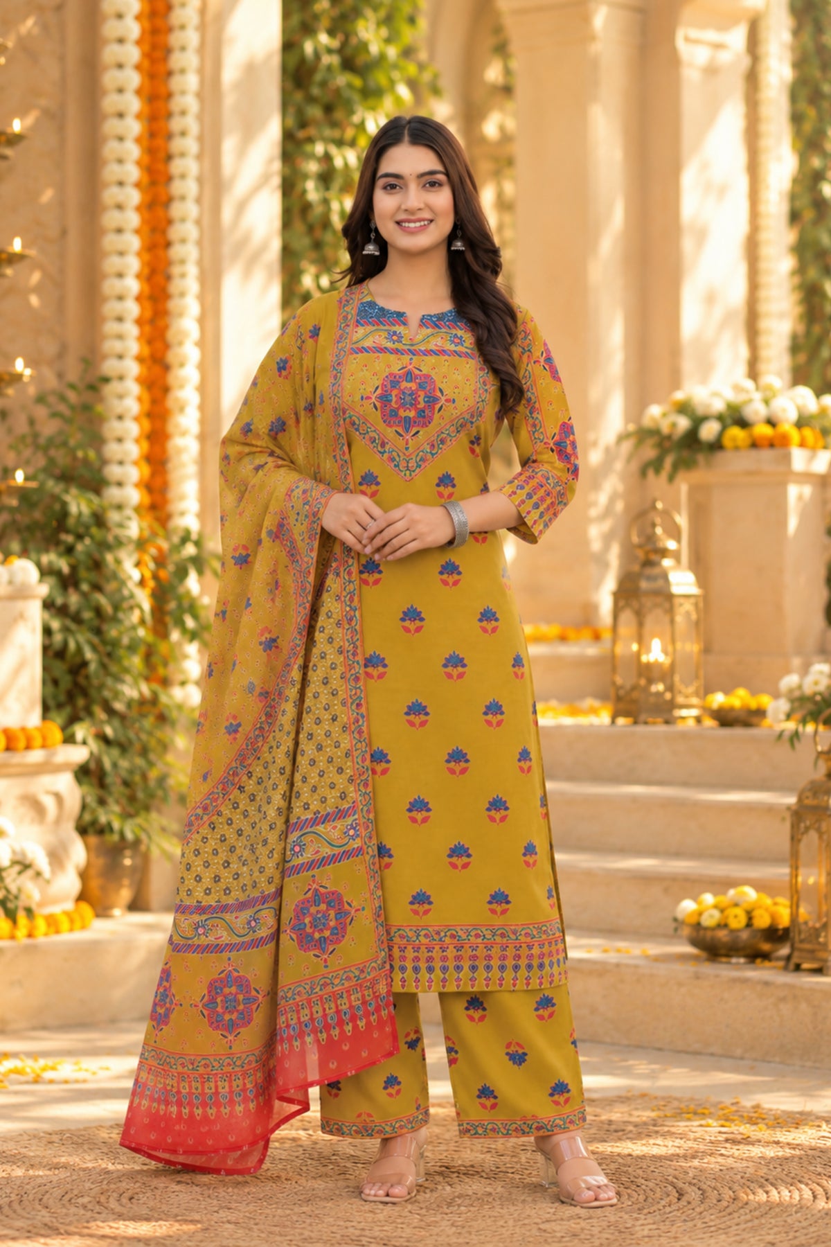 Chartreuse Medallion Border Kurta Set