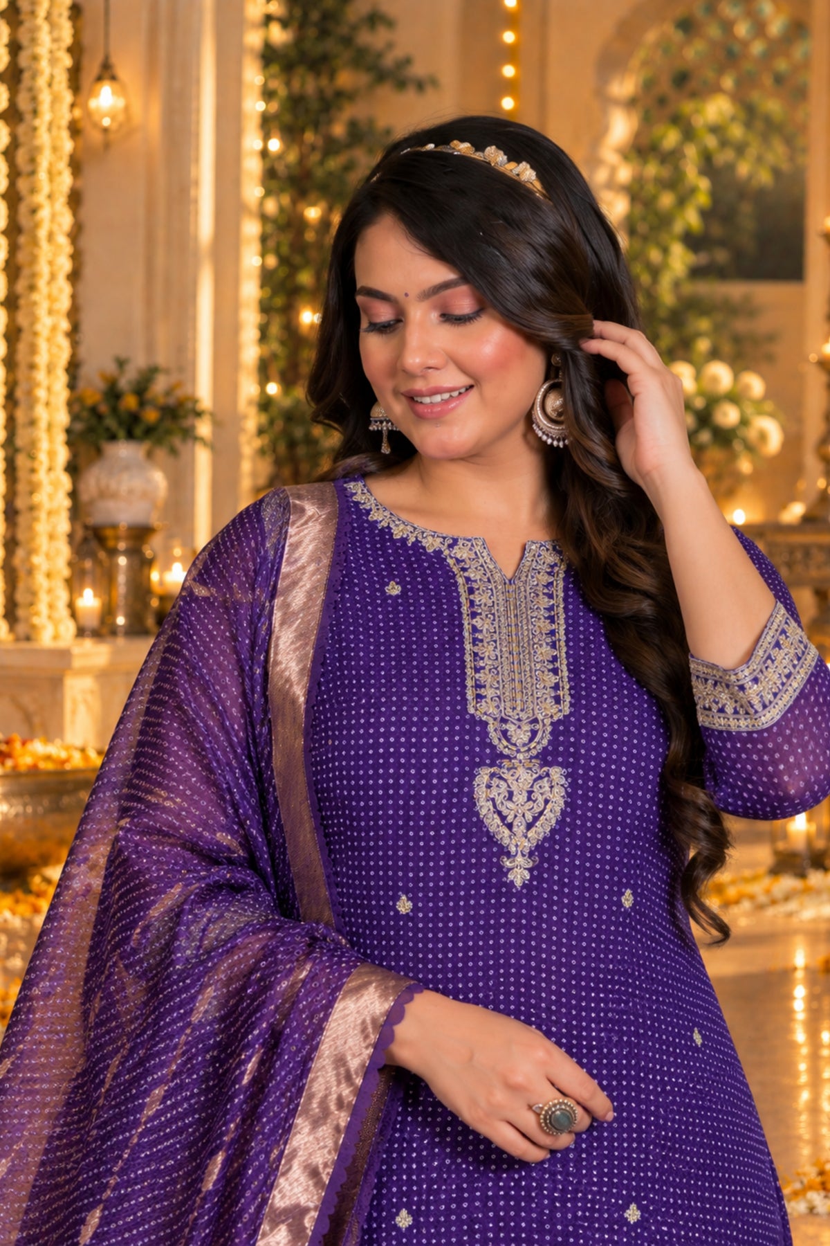 Violet Bandhani Embroidered Kurta Set