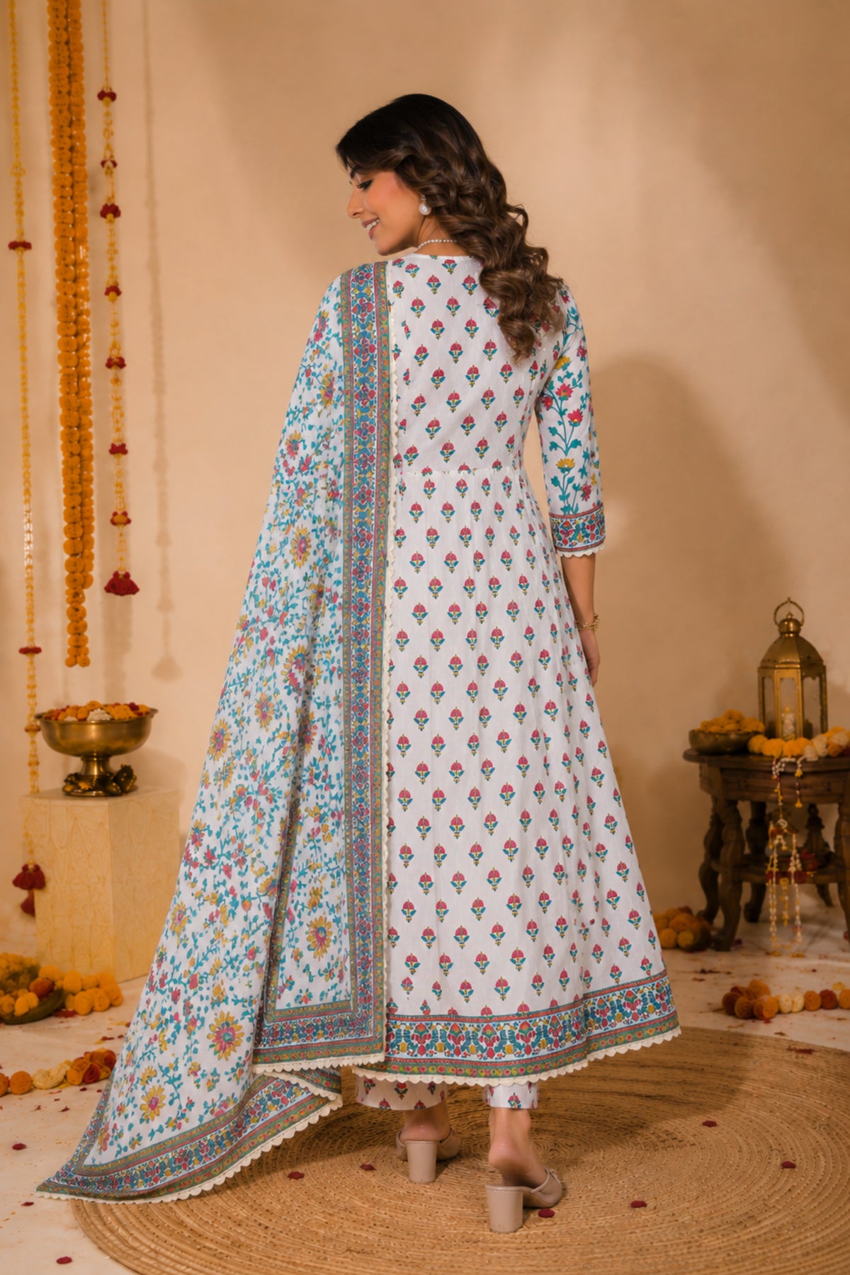 Ivory Floral Block Print Anarkali Set