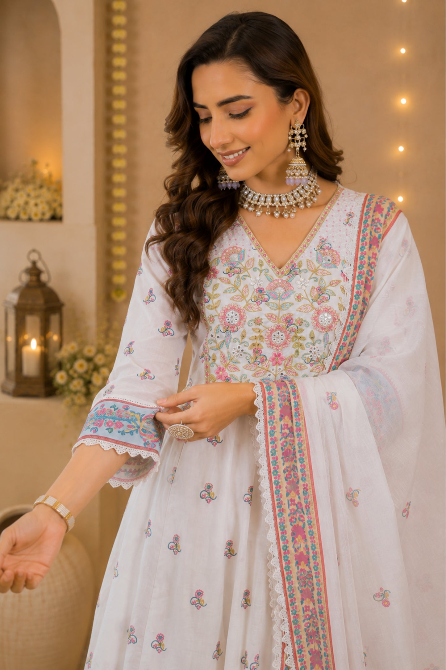 Ivory Mirror-Work Anarkali Set