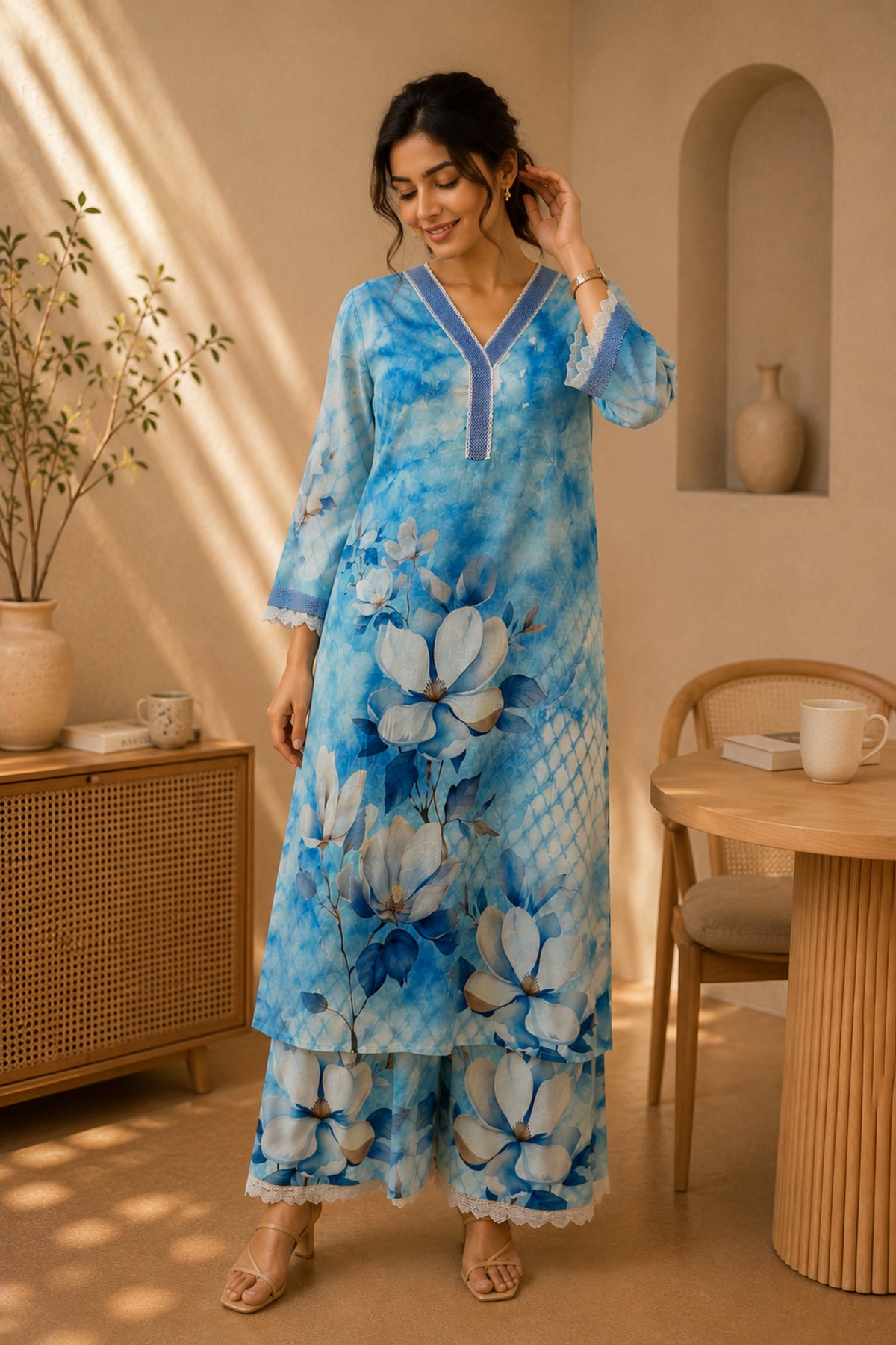 Sky Blue Magnolia Wash Kurta Set