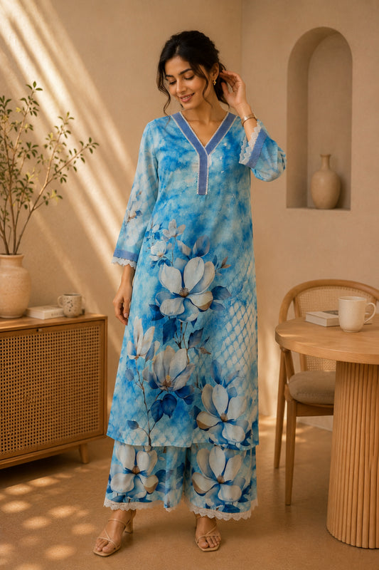 Sky Blue Magnolia Wash Kurta Set