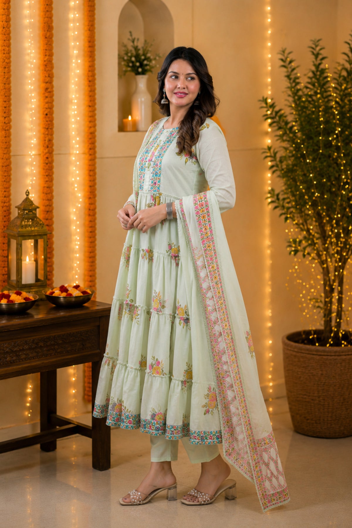 Pista Bloom Anarkali Set