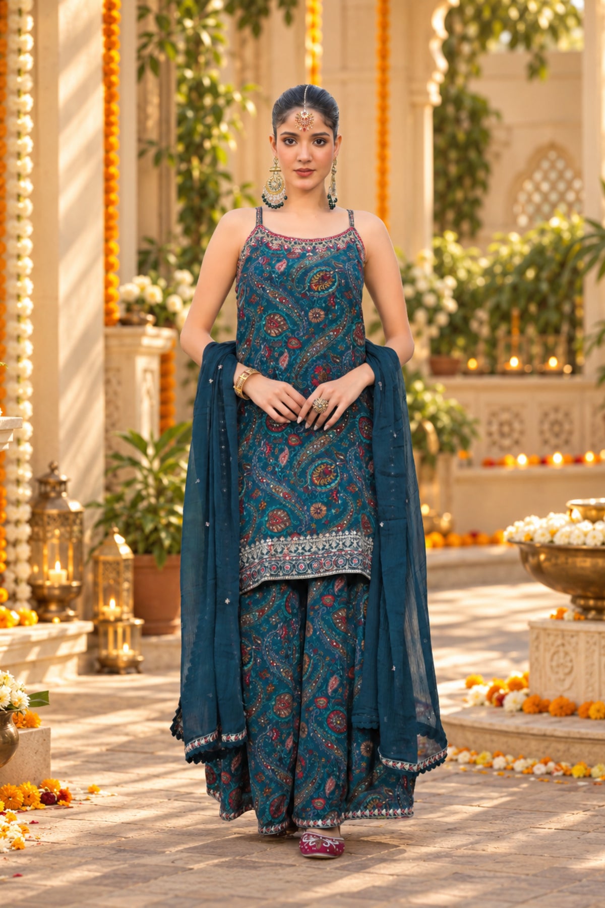Teal Mirage Paisley Sharara Set