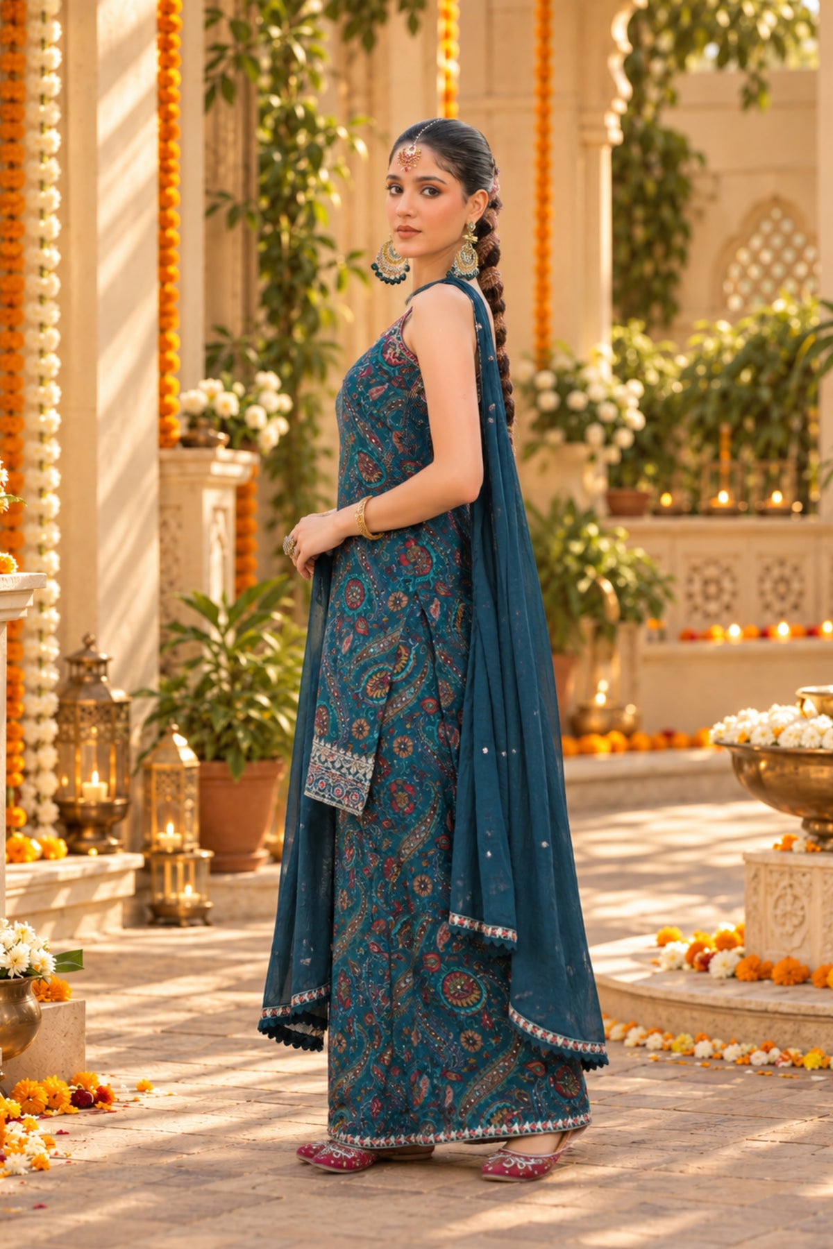 Teal Mirage Paisley Sharara Set