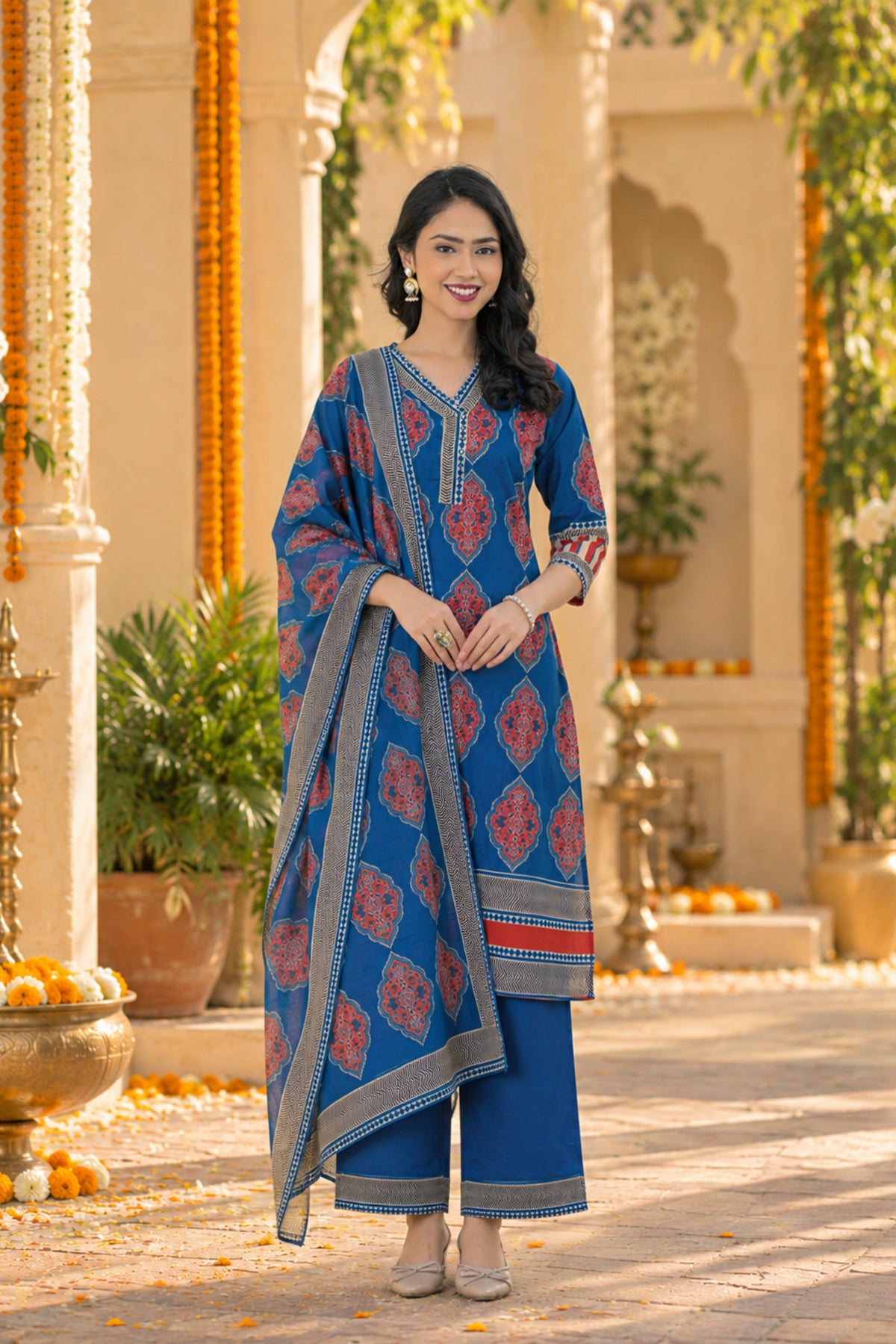 Cobalt Medallion Print Kurta Set