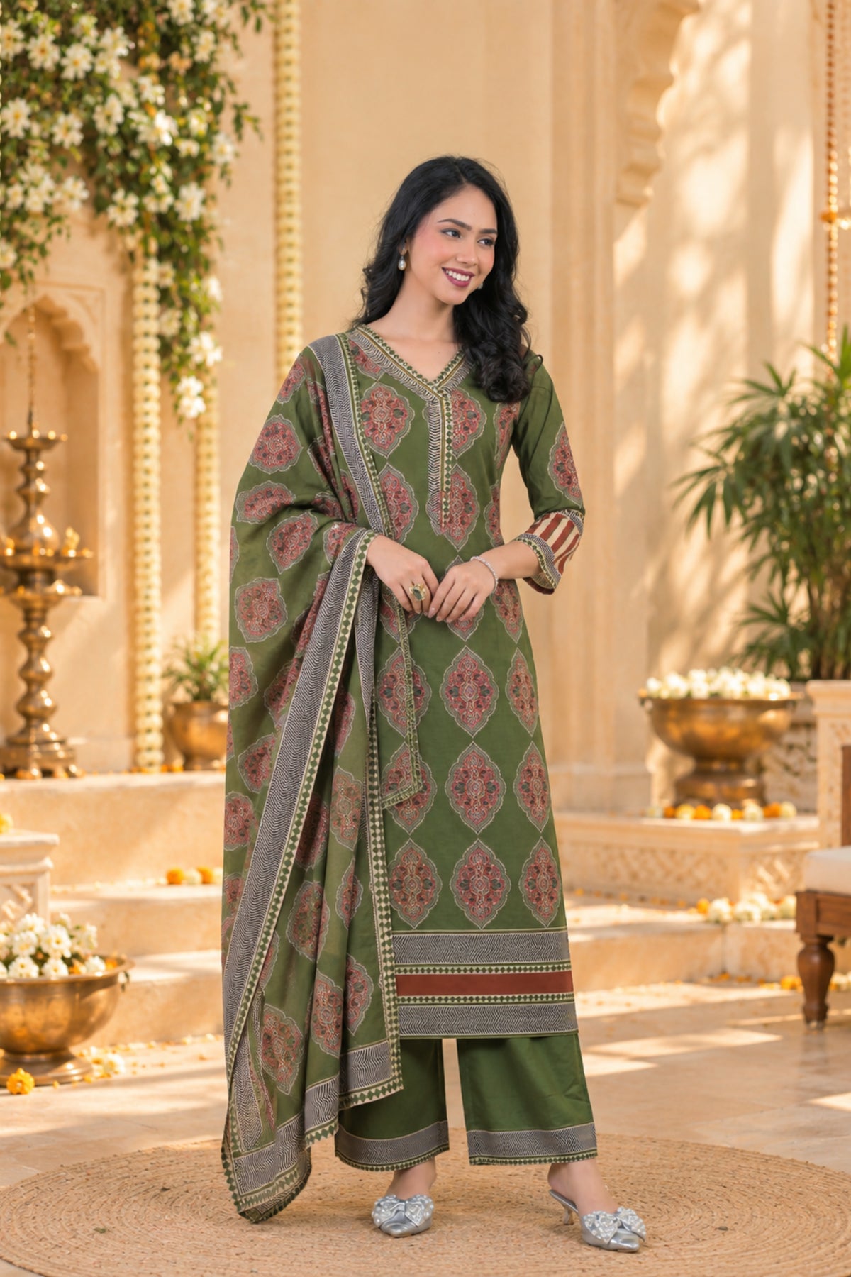 Olive Medallion Print Kurta Set
