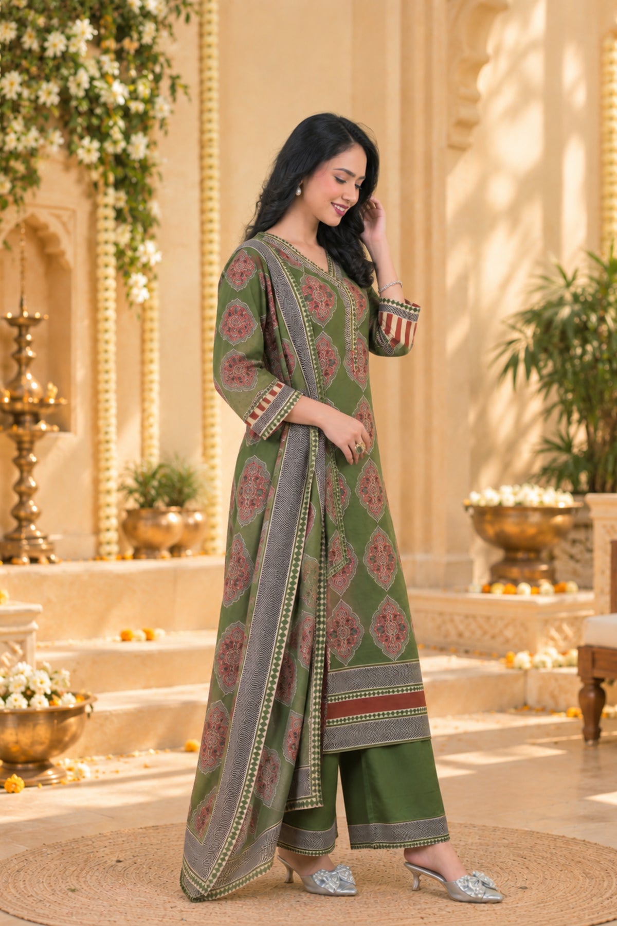 Olive Medallion Print Kurta Set