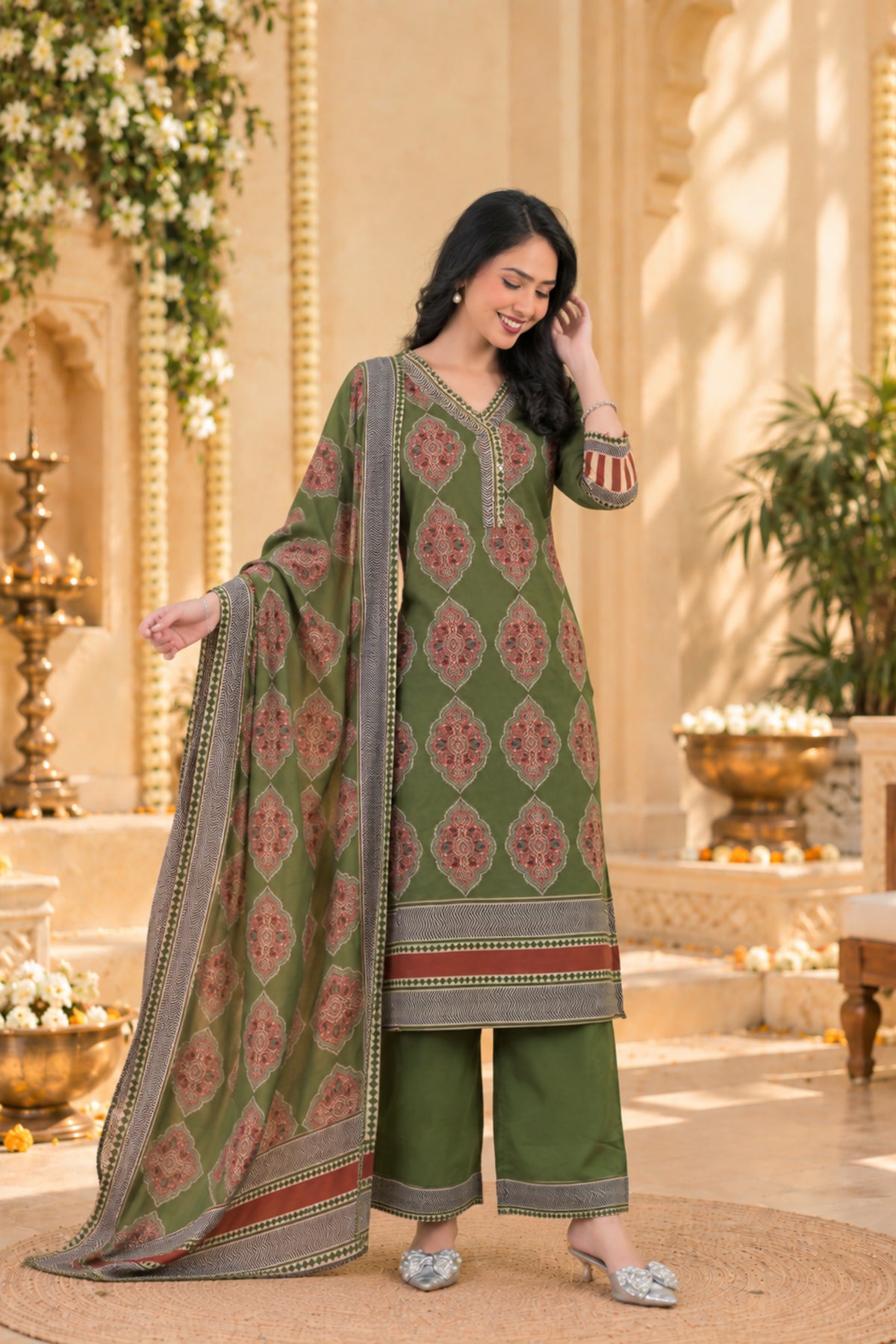 Olive Medallion Print Kurta Set
