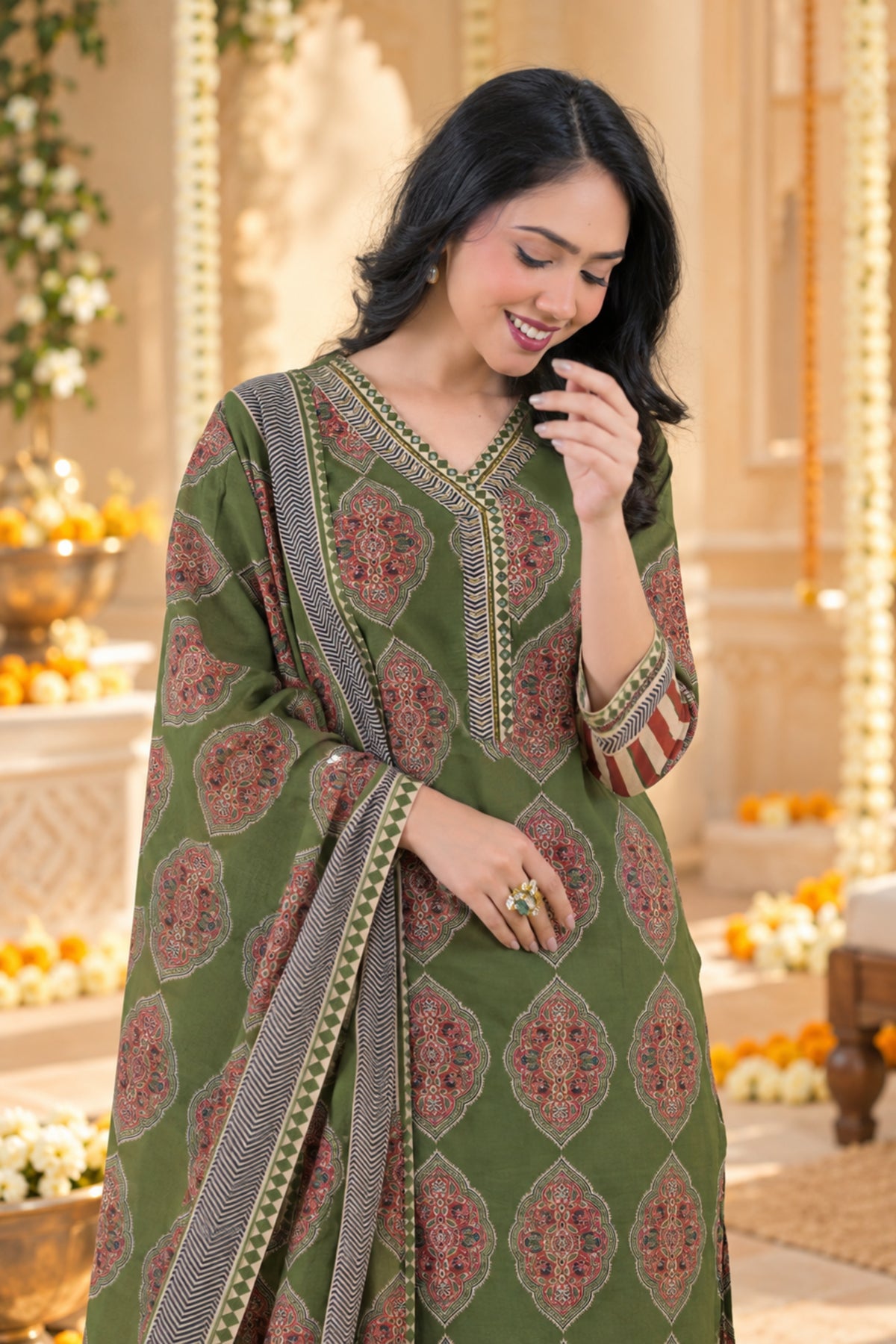 Olive Medallion Print Kurta Set