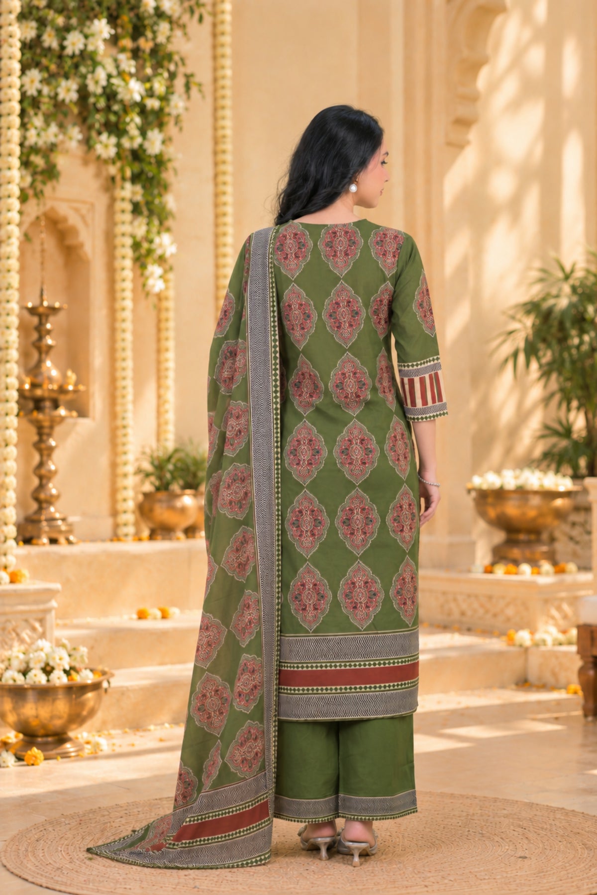 Olive Medallion Print Kurta Set