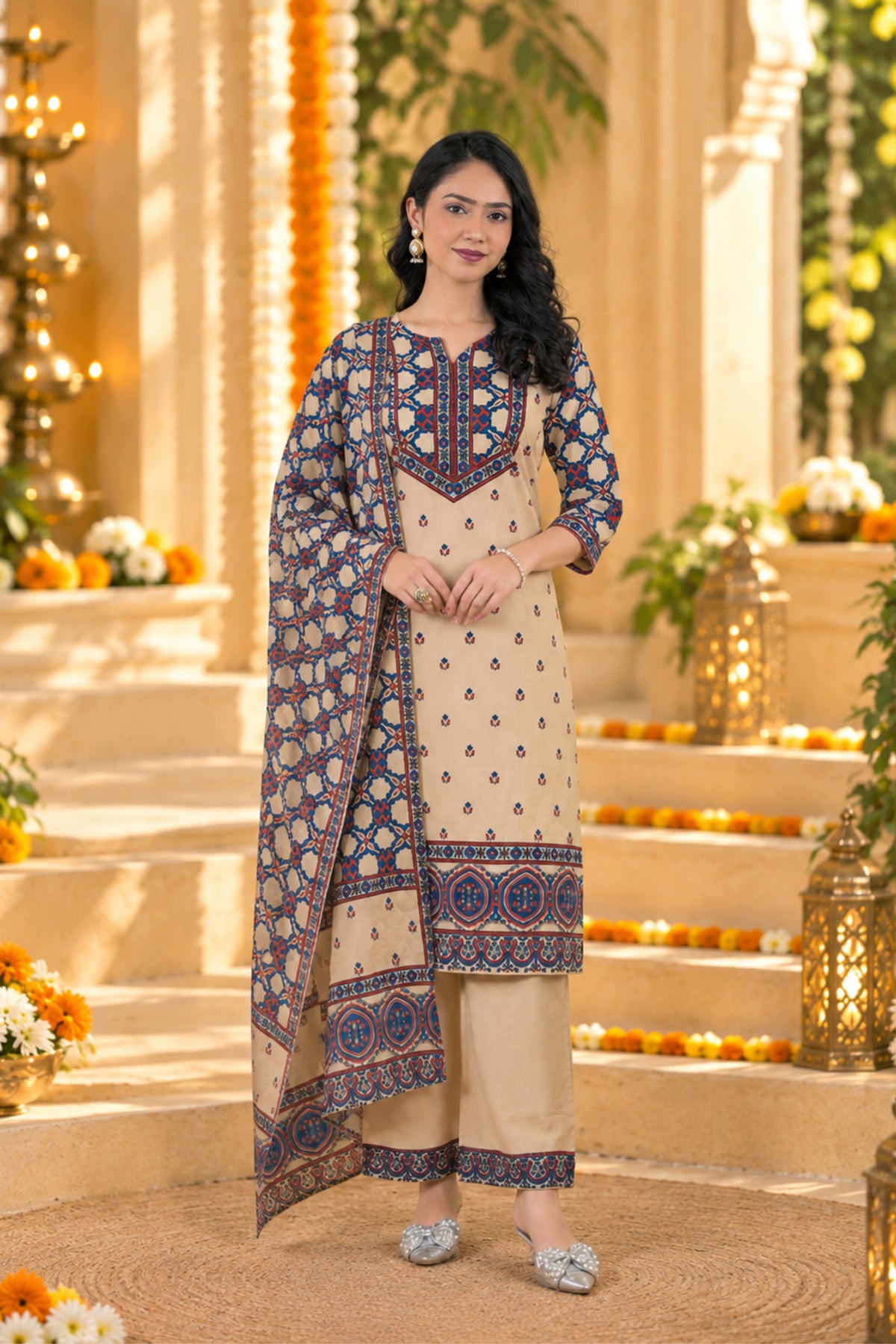 Sand Medallion Border Kurta Set
