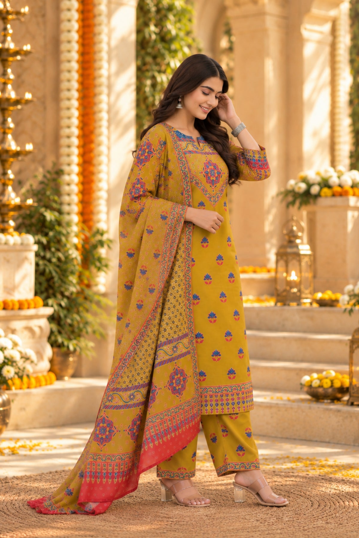 Chartreuse Medallion Border Kurta Set