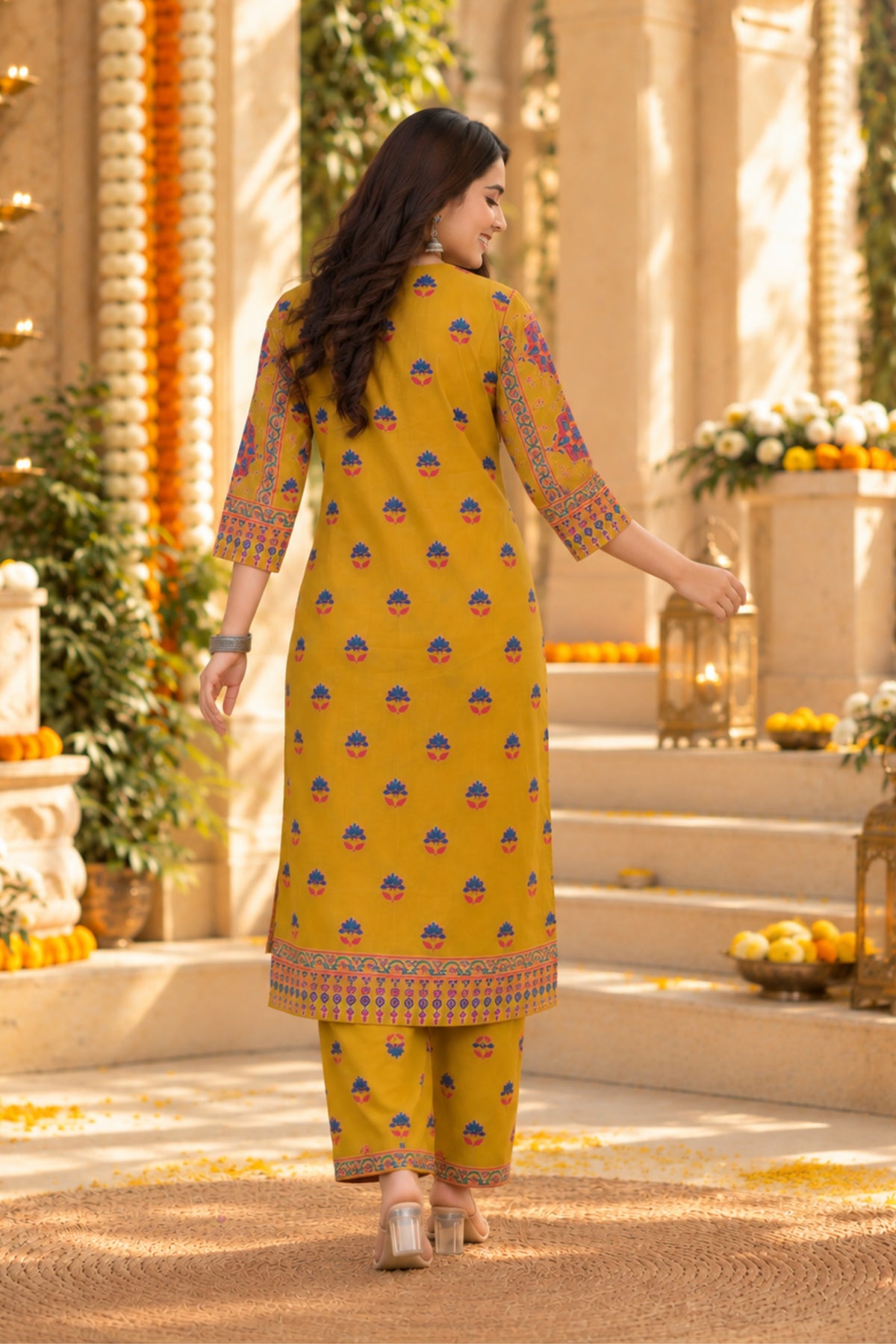Chartreuse Medallion Border Kurta Set