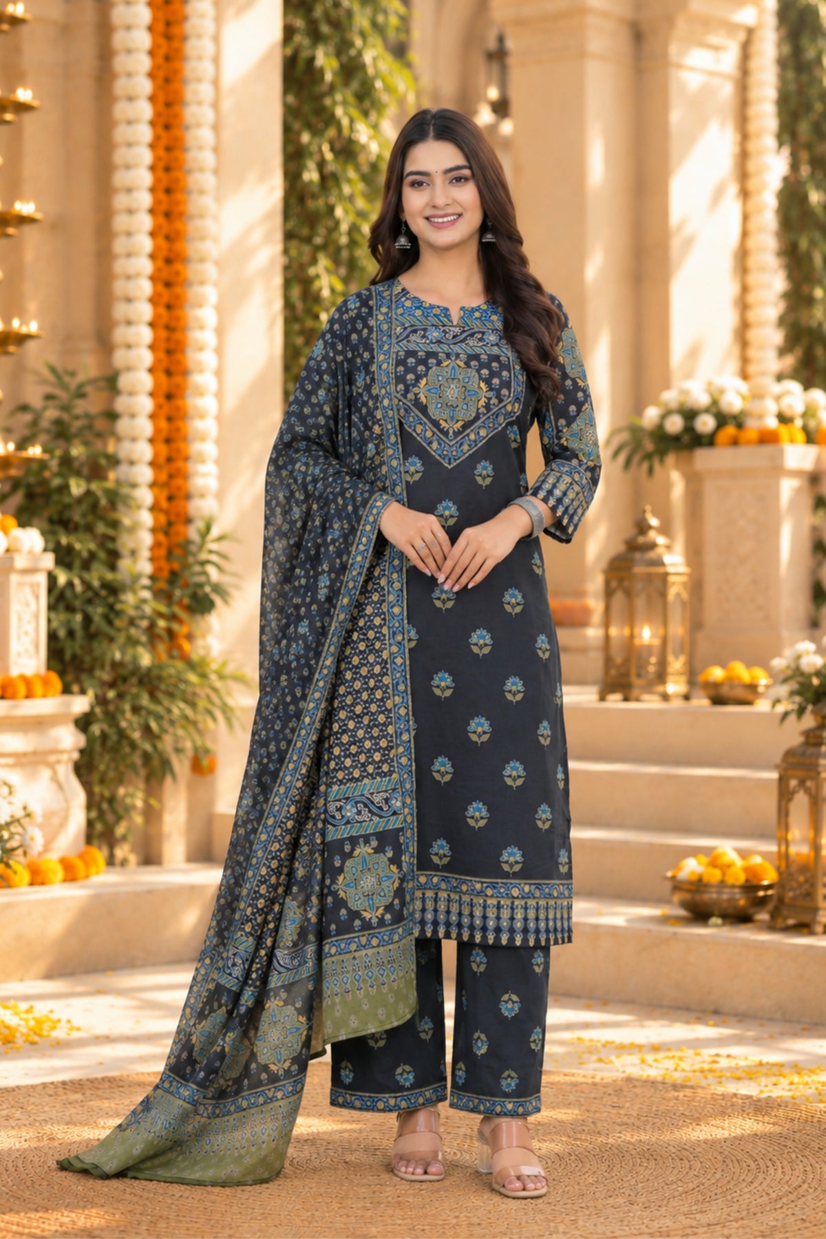 Charcoal Floral Sprig Kurta Set