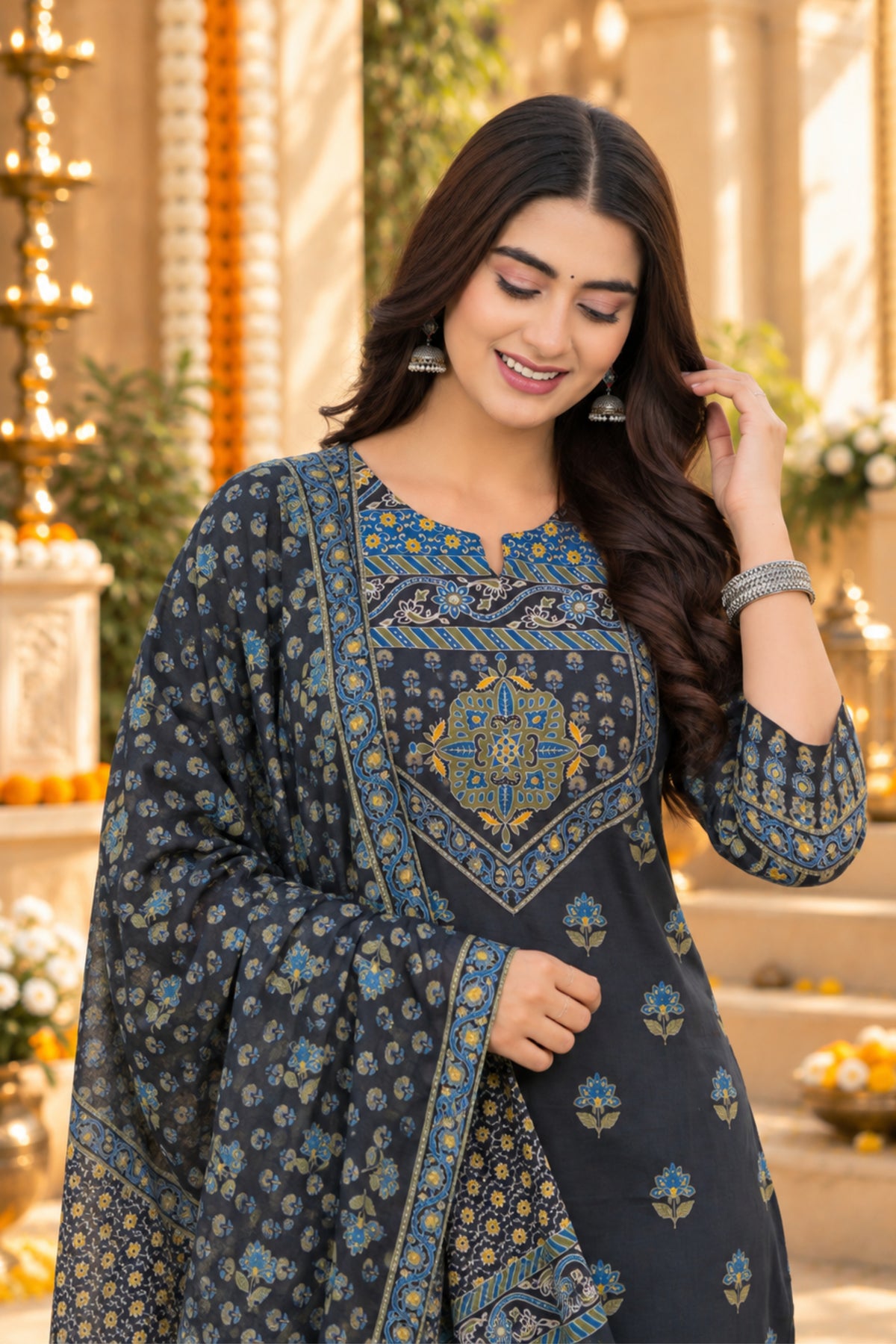 Charcoal Floral Sprig Kurta Set