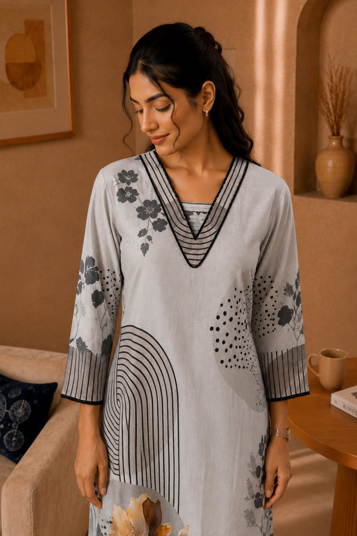 Dove Grey Arc Floral Kurta