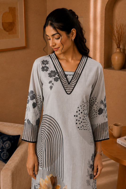 Dove Grey Arc Floral Kurta