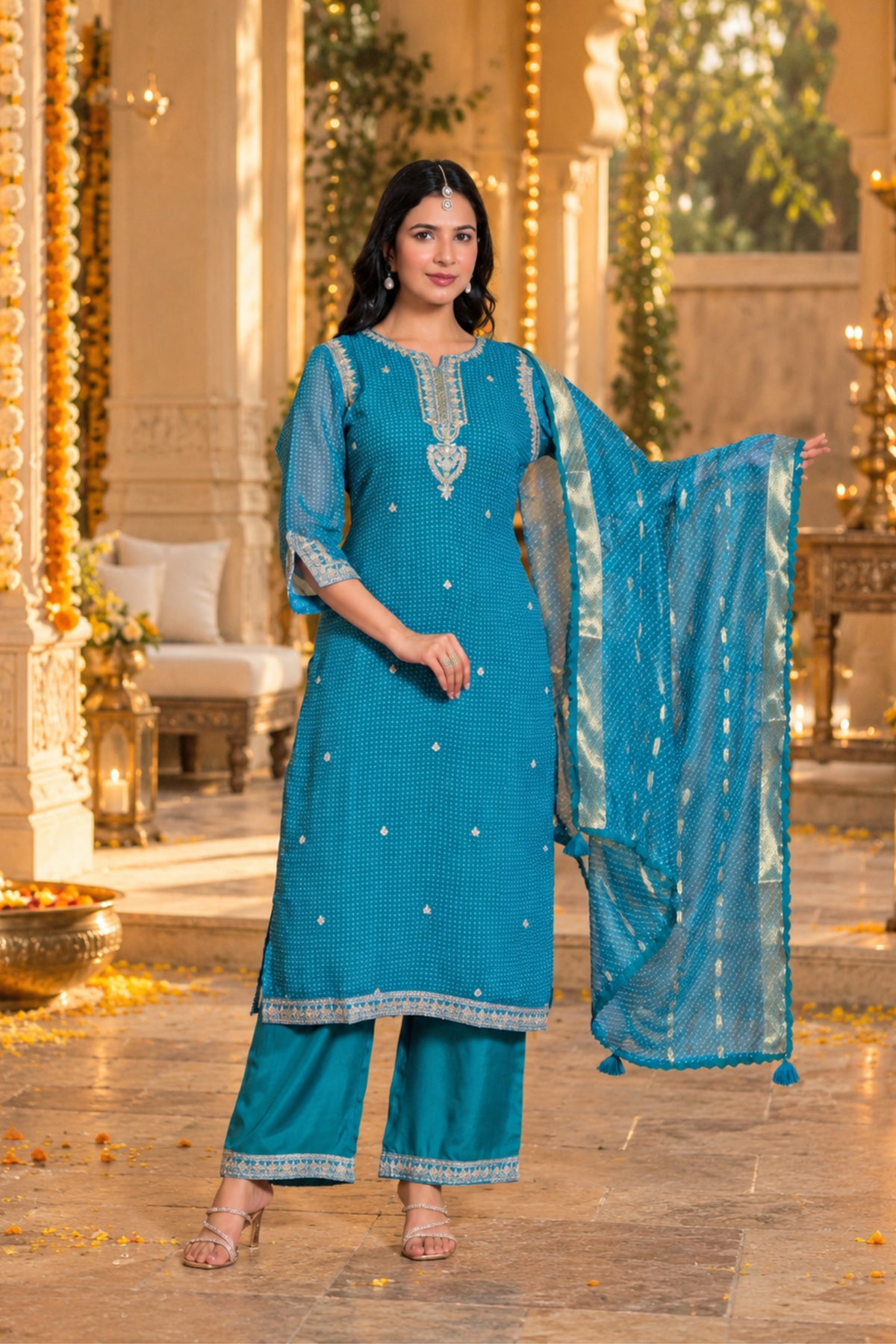 Teal Bandhani Embroidered Kurta