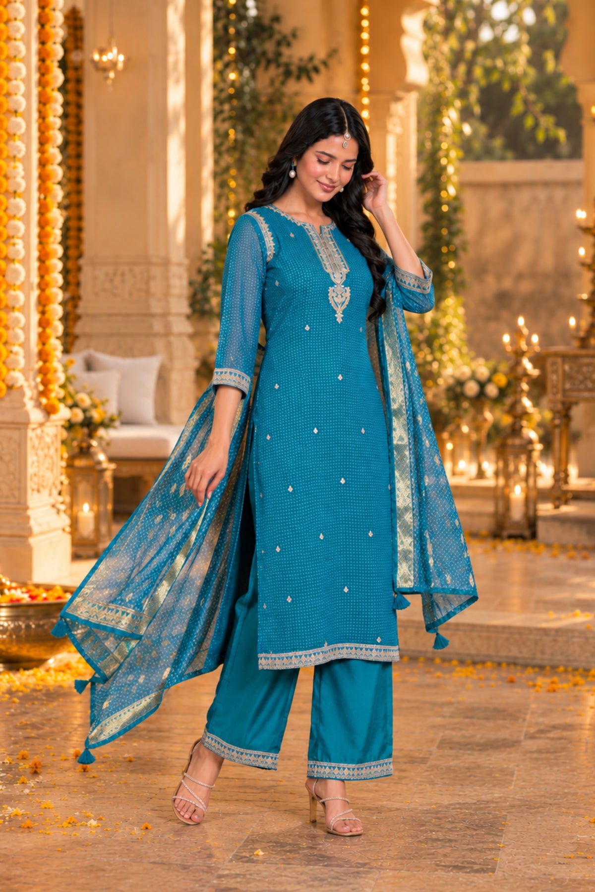 Teal Bandhani Embroidered Kurta