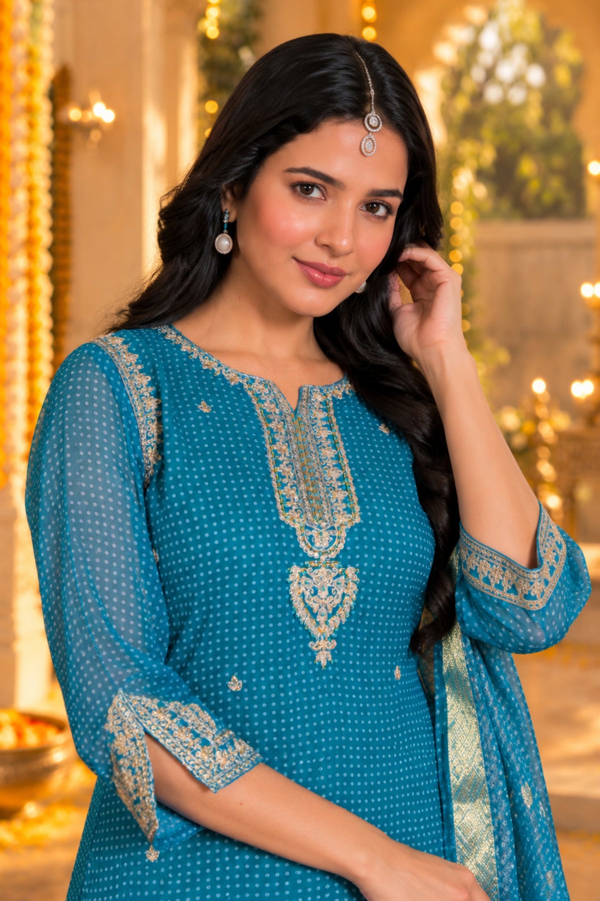Teal Bandhani Embroidered Kurta