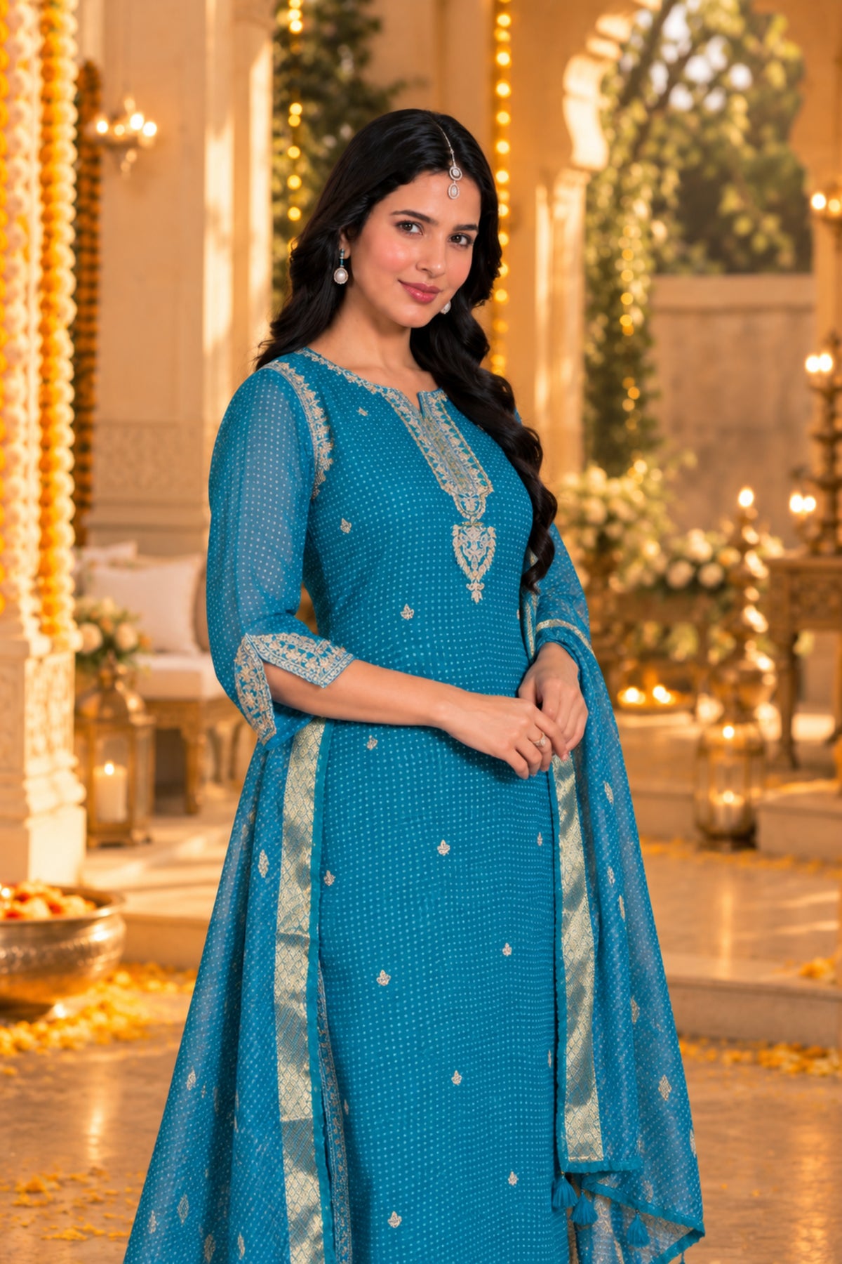 Teal Bandhani Embroidered Kurta