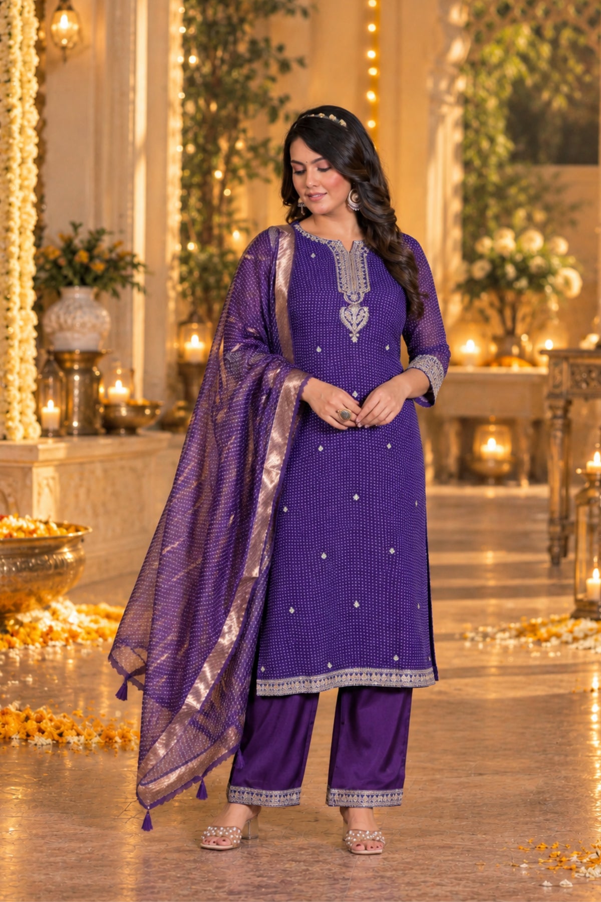 Violet Bandhani Embroidered Kurta Set