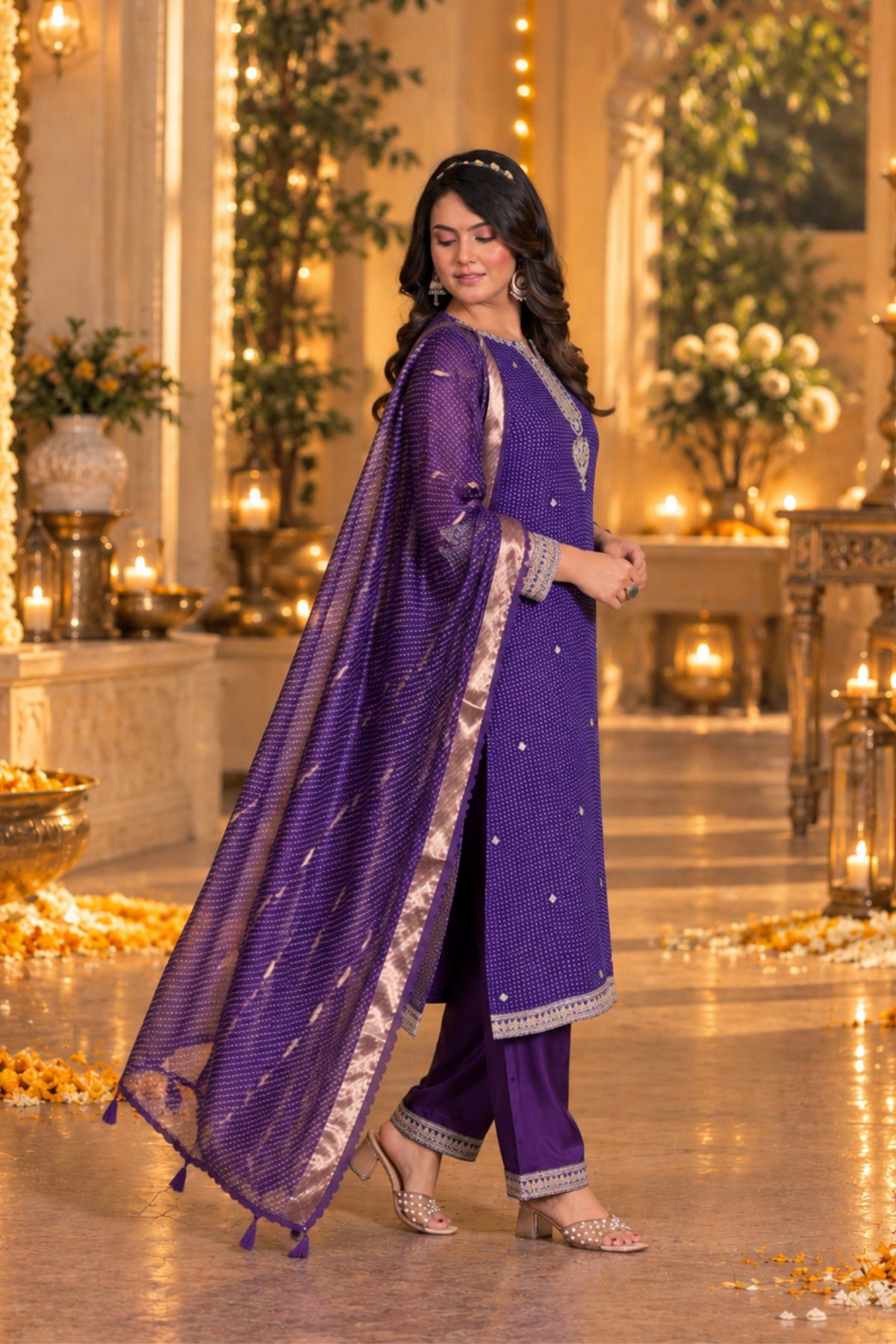 Violet Bandhani Embroidered Kurta Set
