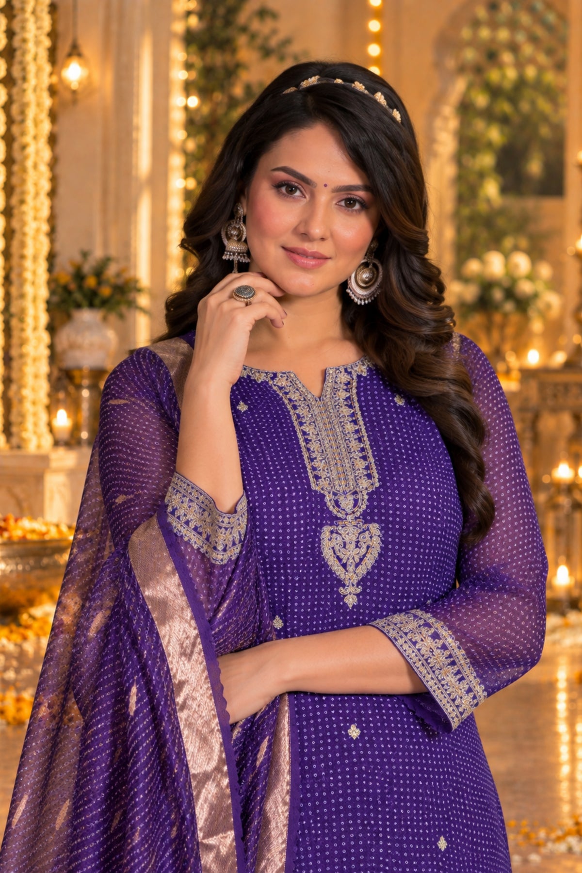 Violet Bandhani Embroidered Kurta Set