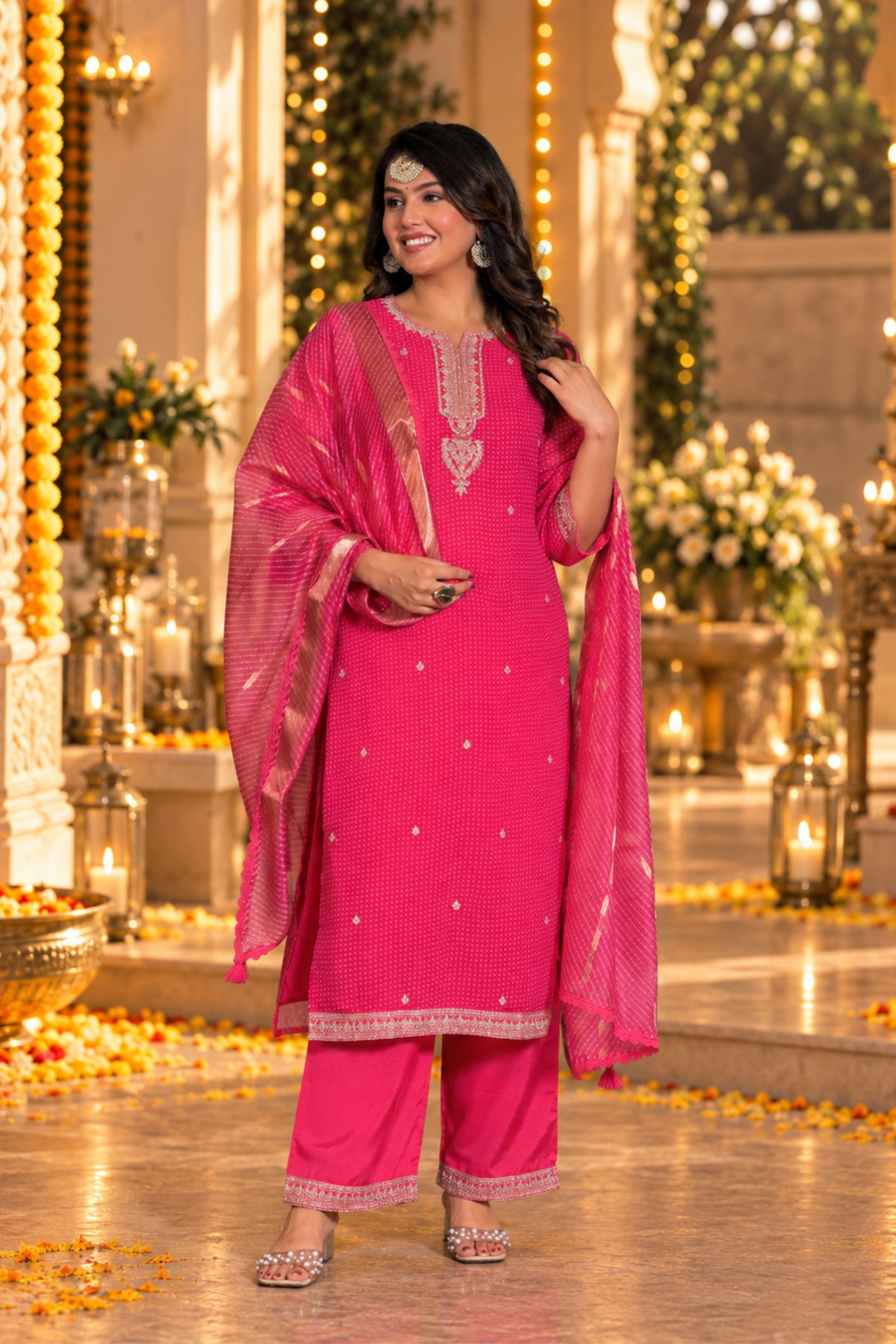 Rani Pink Bandhani Embroidered Kurta Set