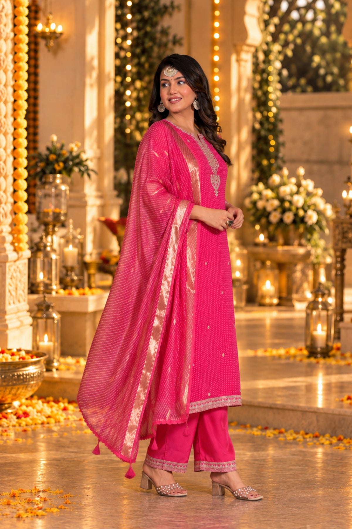 Rani Pink Bandhani Embroidered Kurta Set