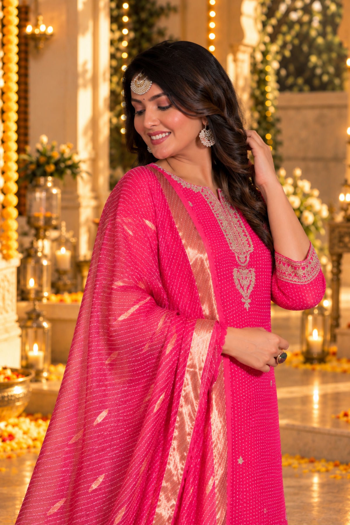 Rani Pink Bandhani Embroidered Kurta Set