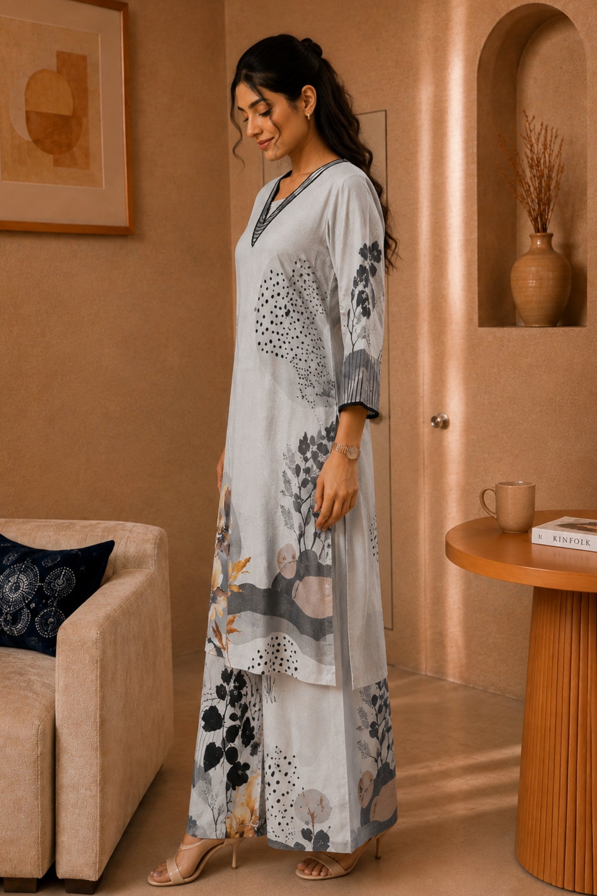 Dove Grey Arc Floral Kurta