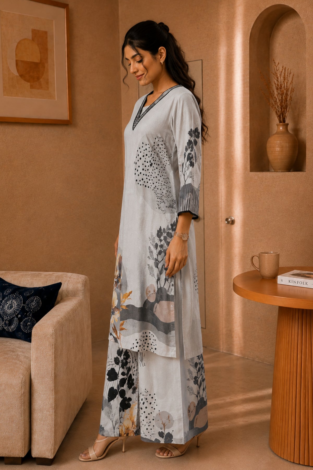 Dove Grey Arc Floral Kurta