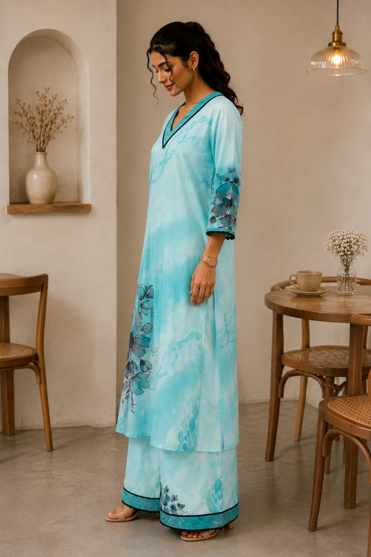 Aqua Mist Floral Kurta Set