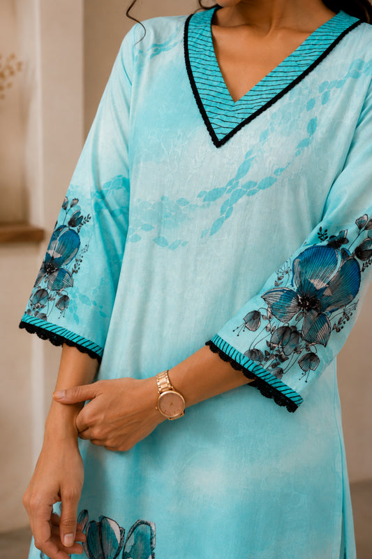Aqua Mist Floral Kurta Set