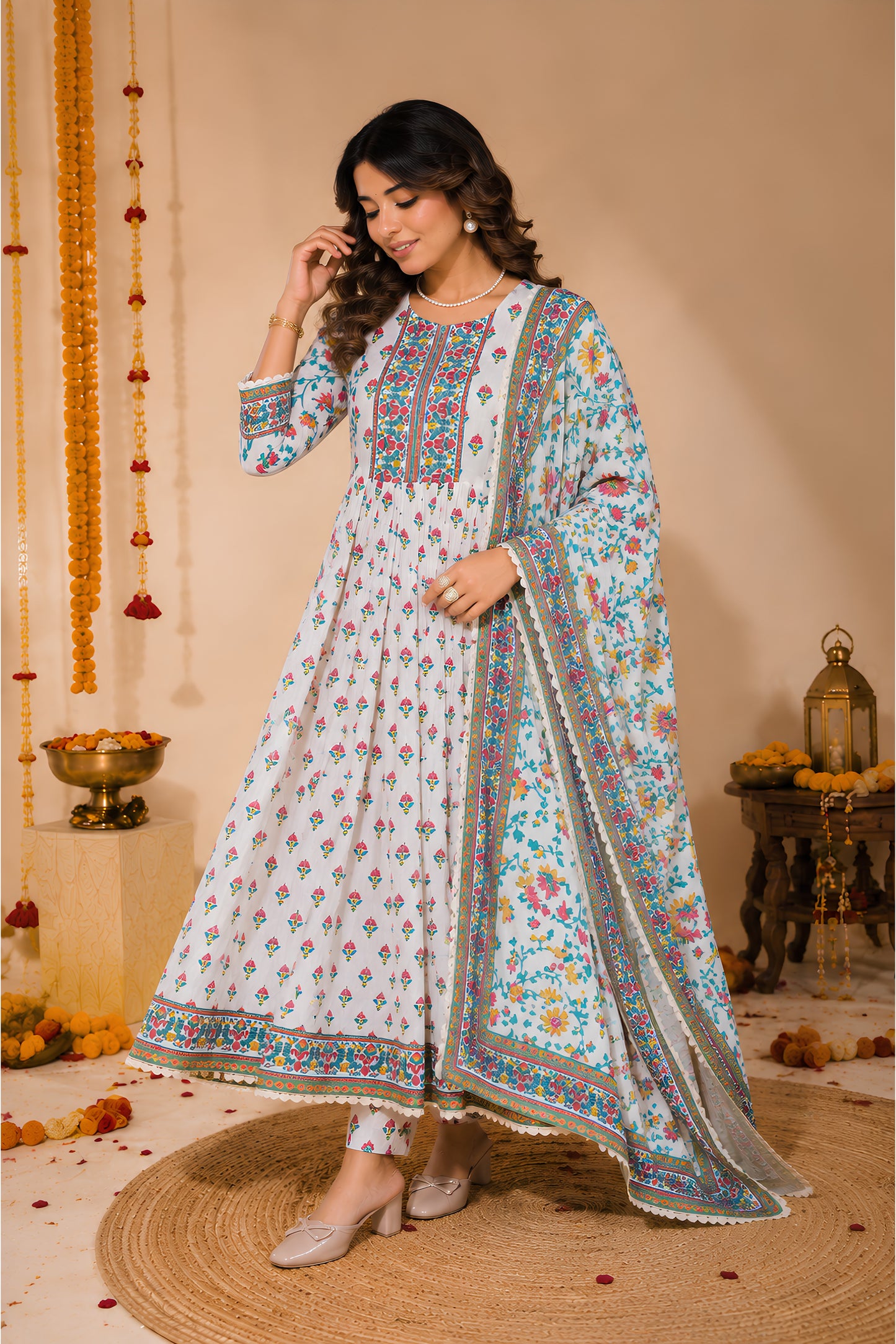 Ivory Floral Block Print Anarkali Set